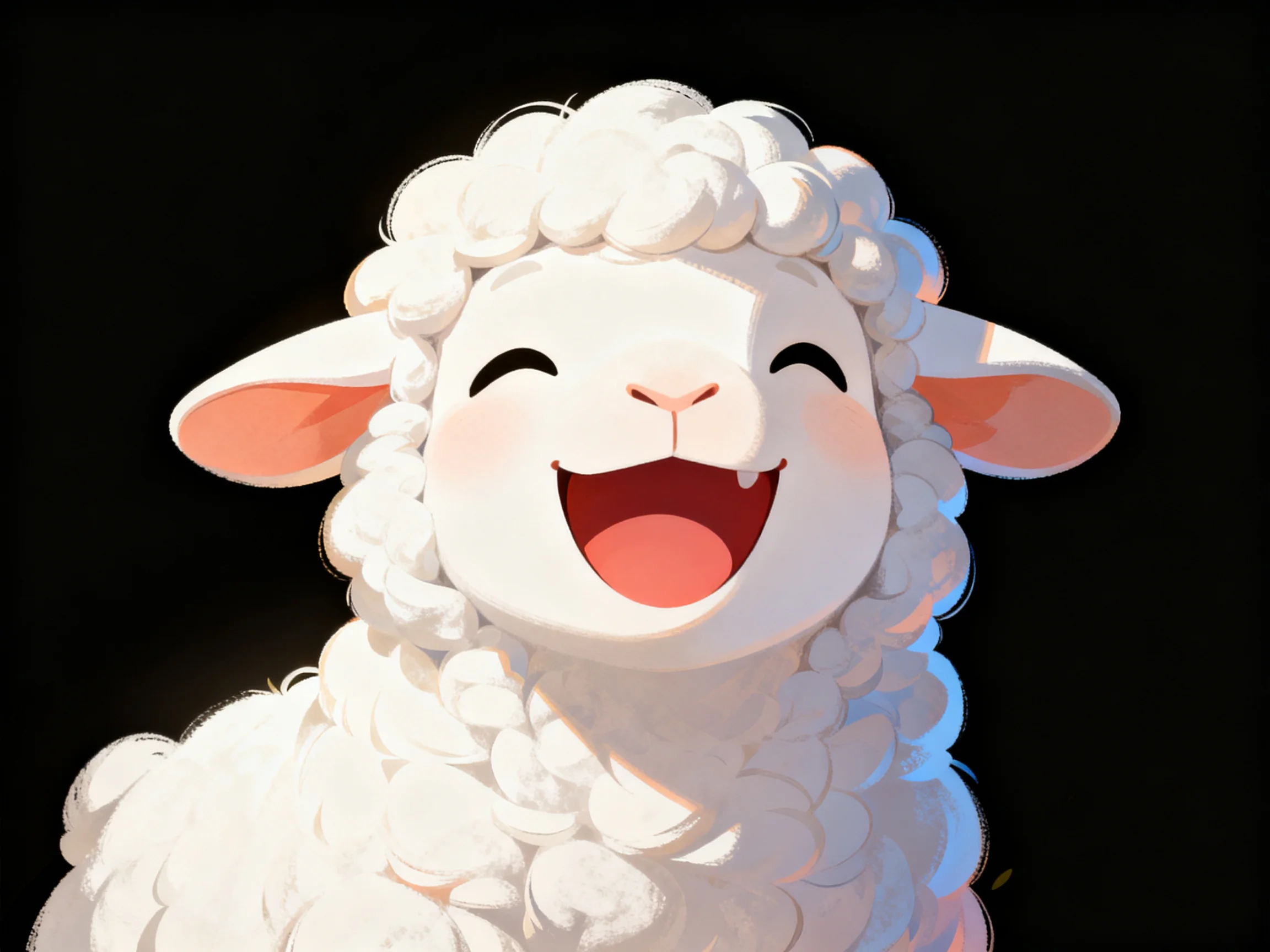 A cheerful cartoon sheep with fluffy white wool and pink ears