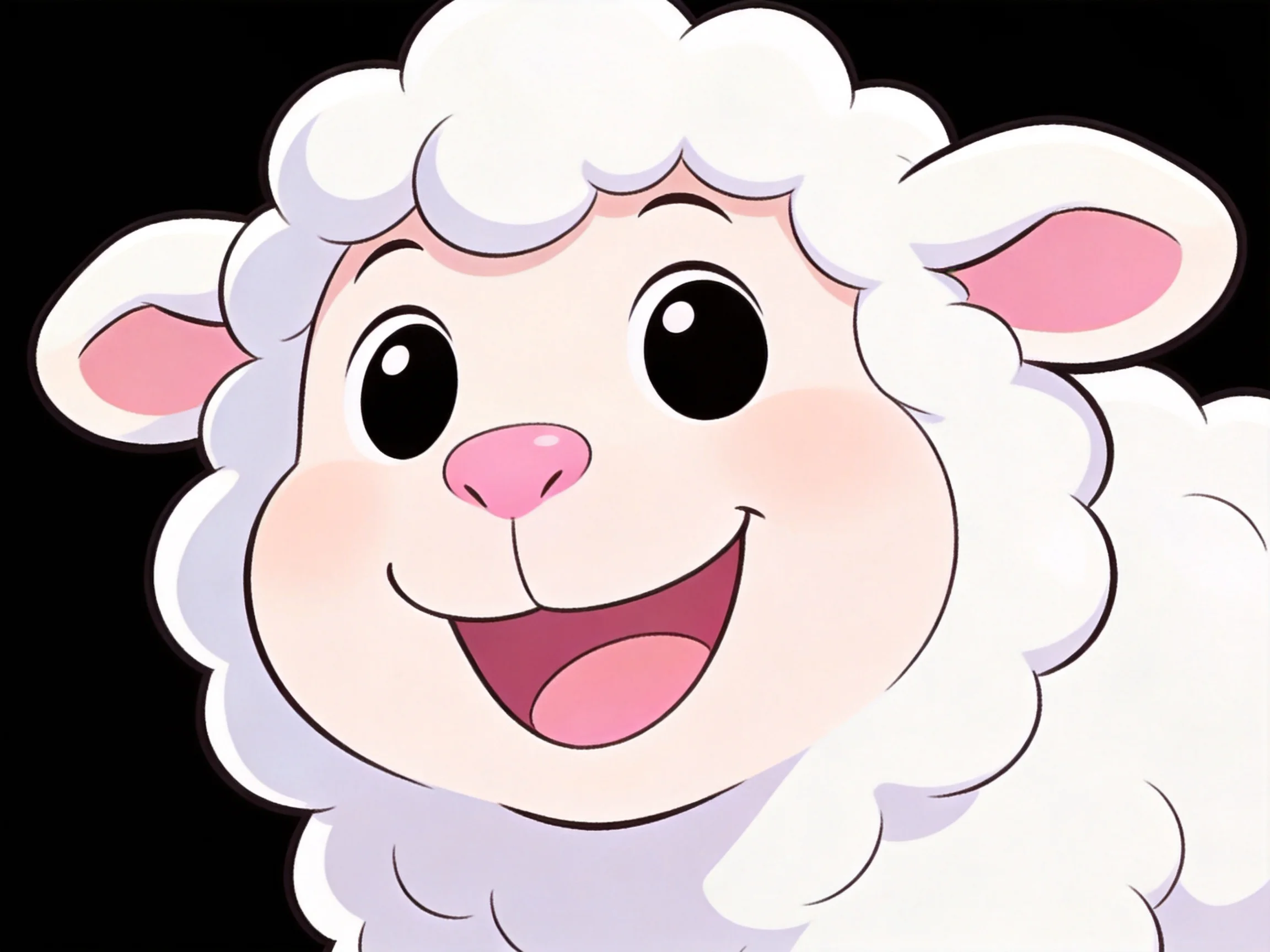 A cheerful cartoon sheep with fluffy white wool and pink facial accents