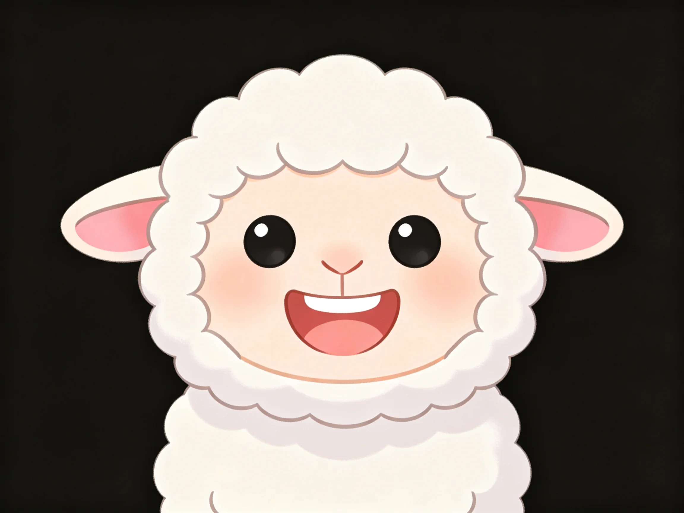 A cheerful cartoon sheep with fluffy white wool and pink inner ears