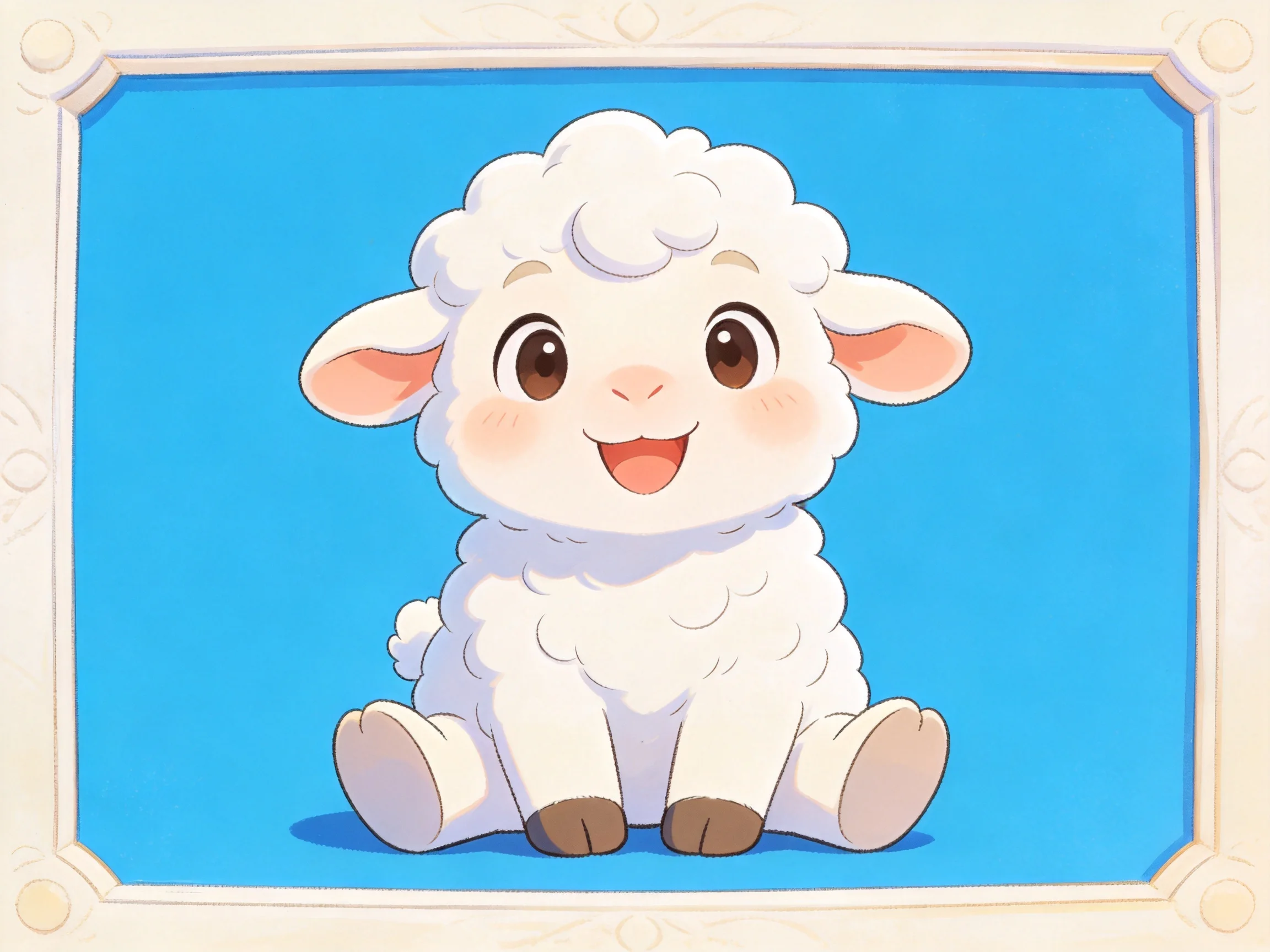 A cheerful cartoon sheep with fluffy white wool on bright blue