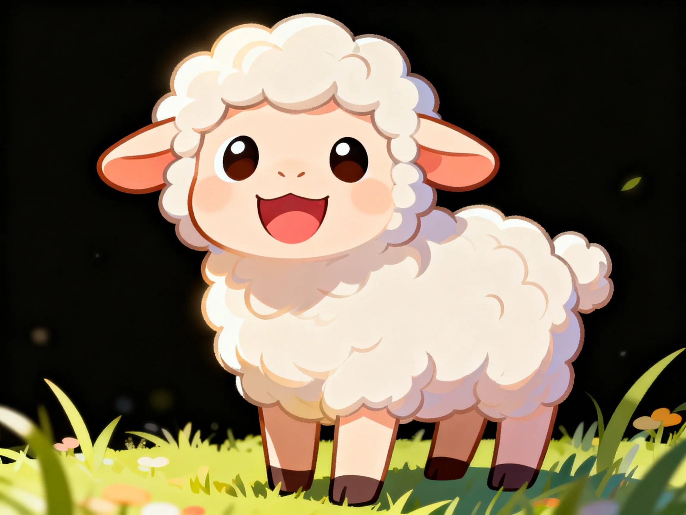 A cheerful cartoon sheep with fluffy white wool on green grass against dark backdrop