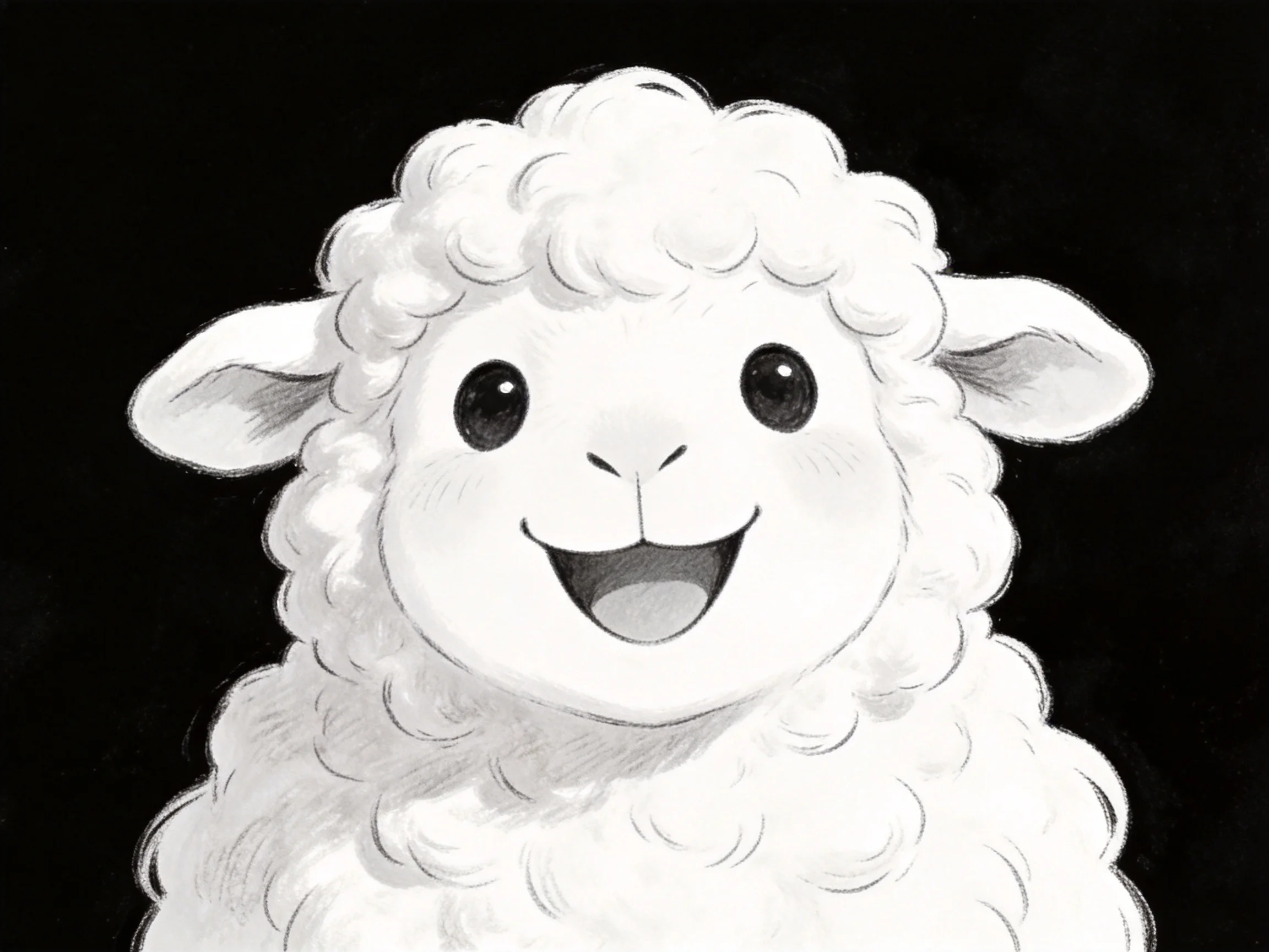 A cheerful cartoon sheep with fluffy white wool set against a solid black backdrop