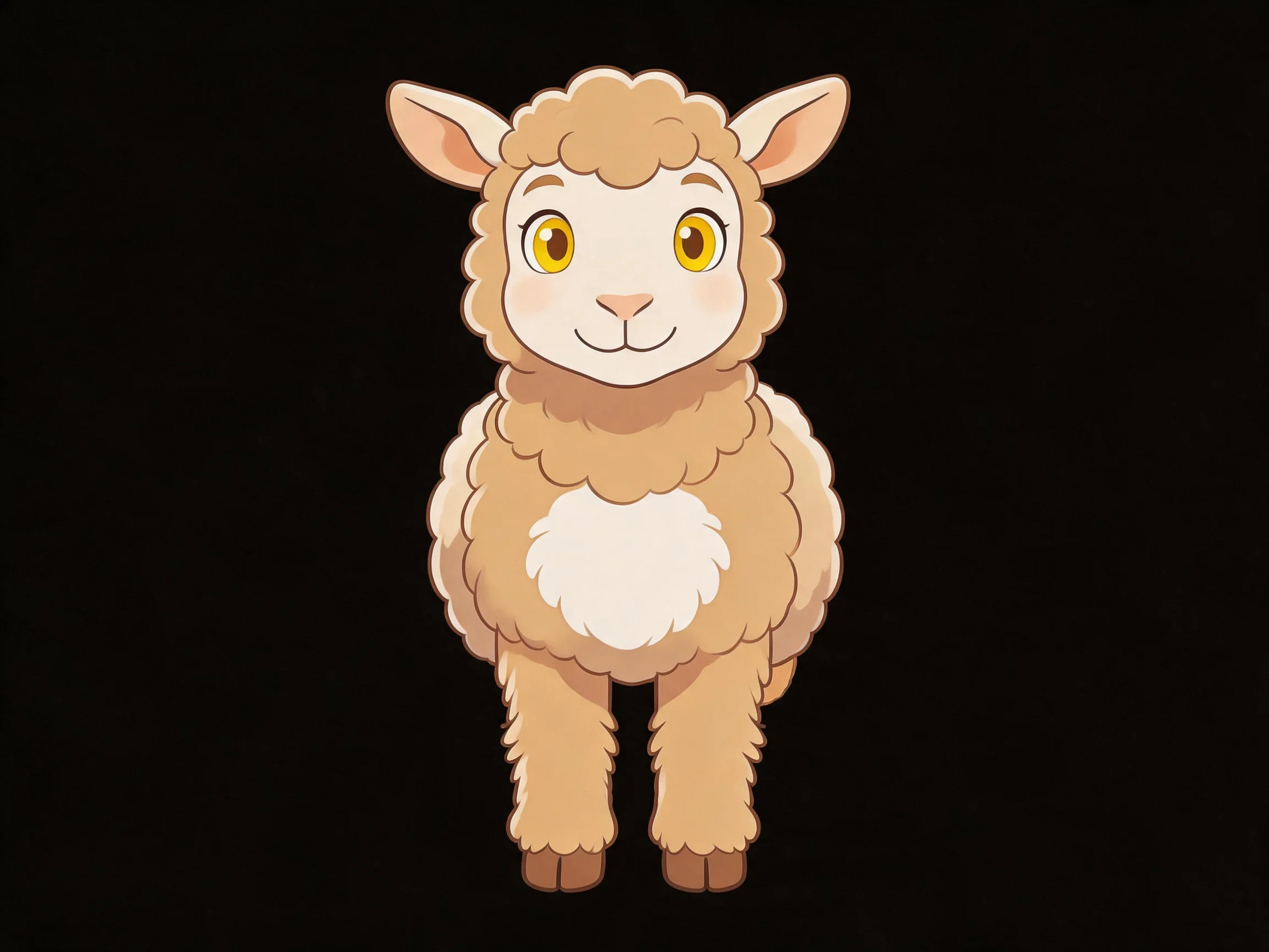 A cheerful cartoon sheep with golden eyes and brown wool