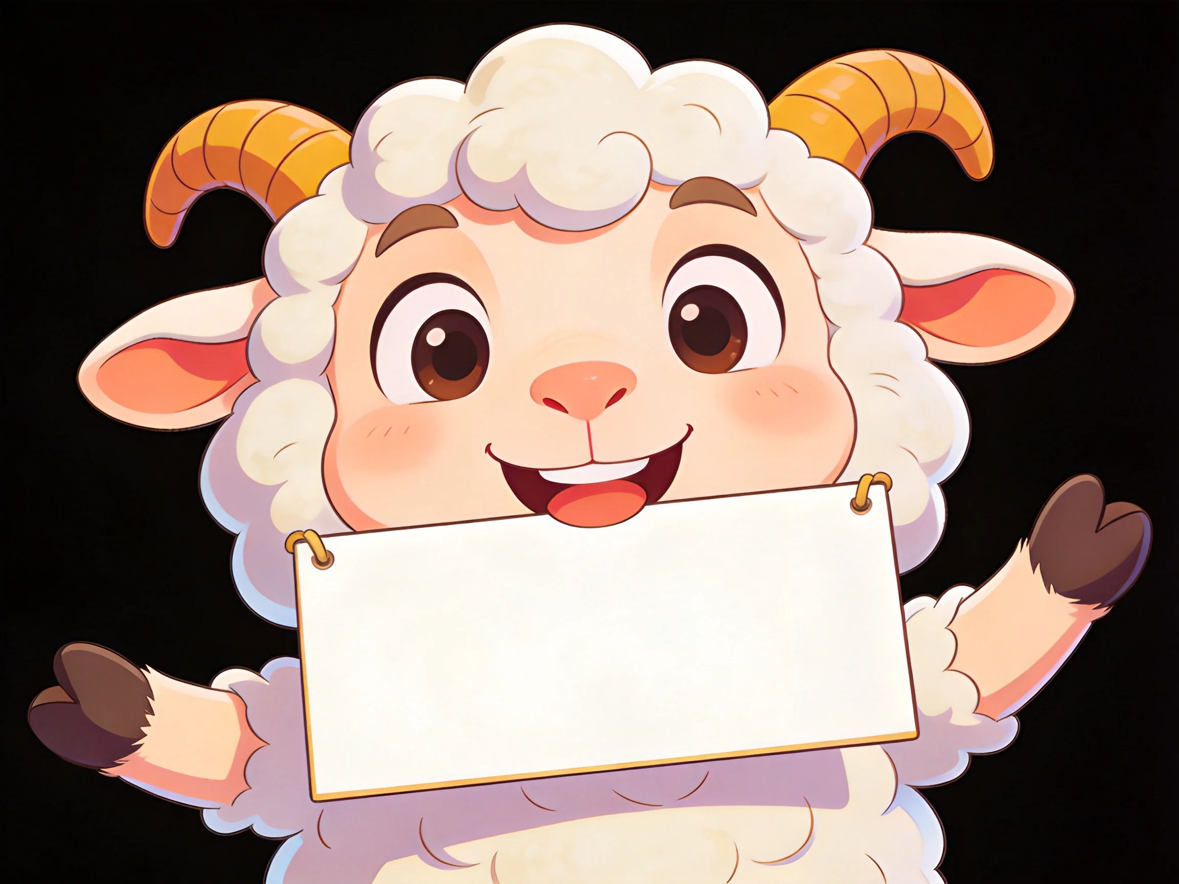 A cheerful cartoon sheep with white wool and orange horns holding a blank sign