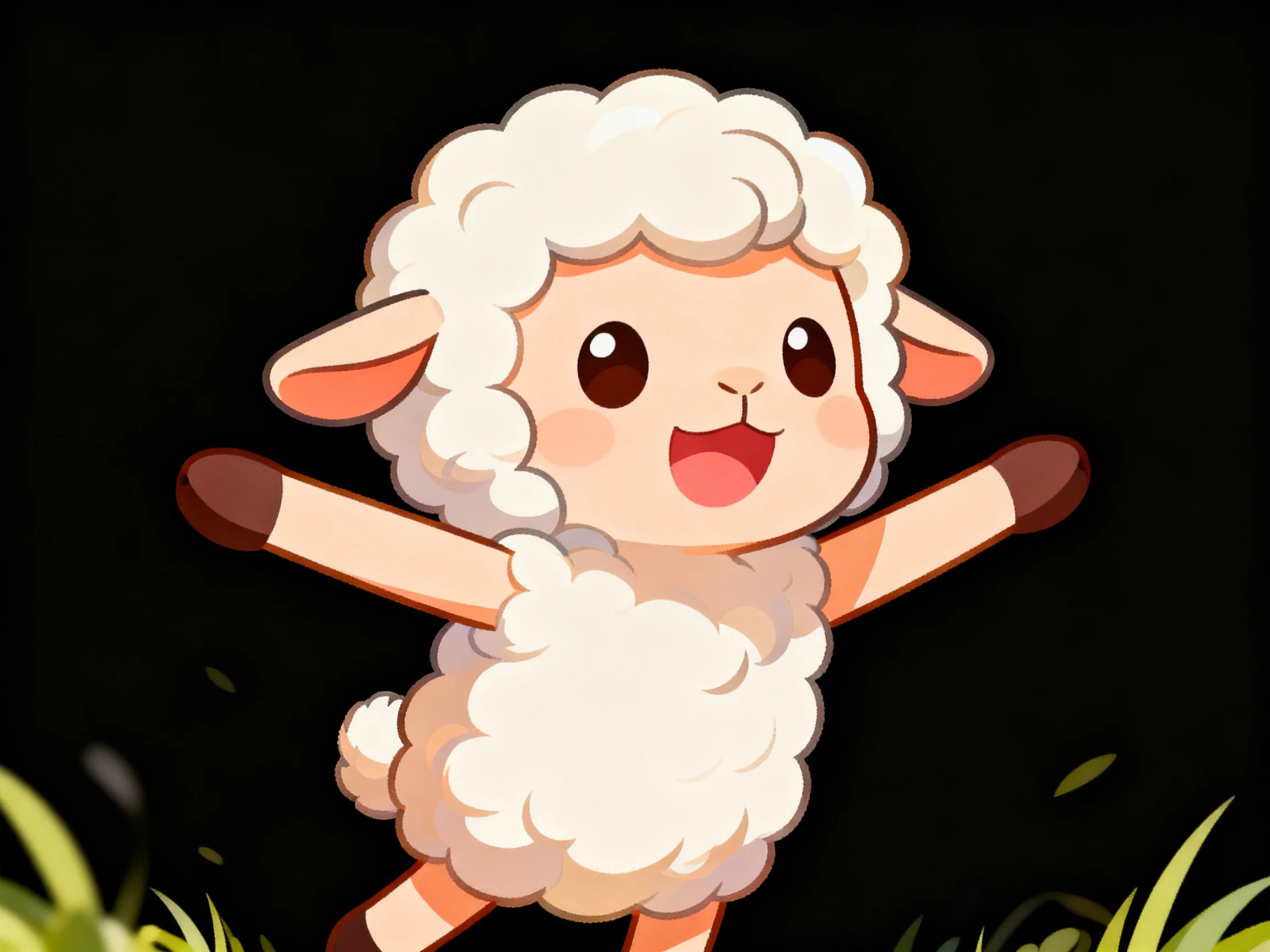 A cheerful cartoon sheep with white wool and orange limbs leaping joyfully