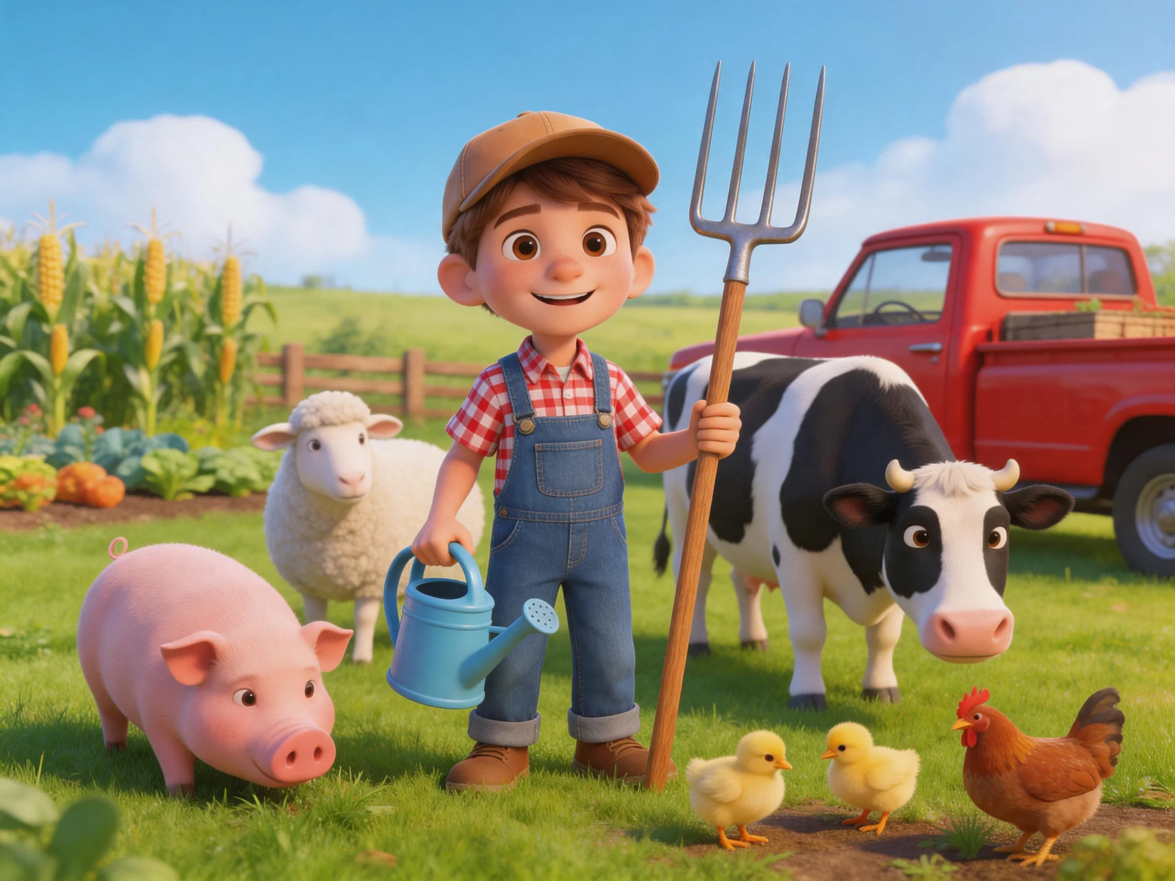 A cheerful farmer with farm animals and tools in a sunny farm