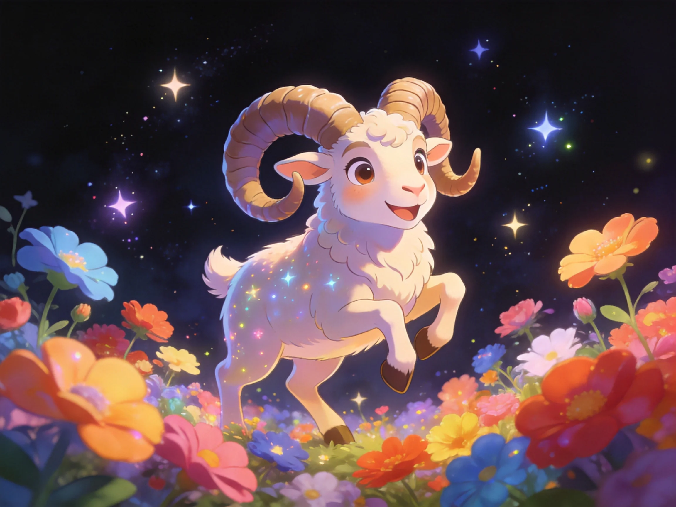 A cheerful horned goat leaps among colorful flowers under starry night