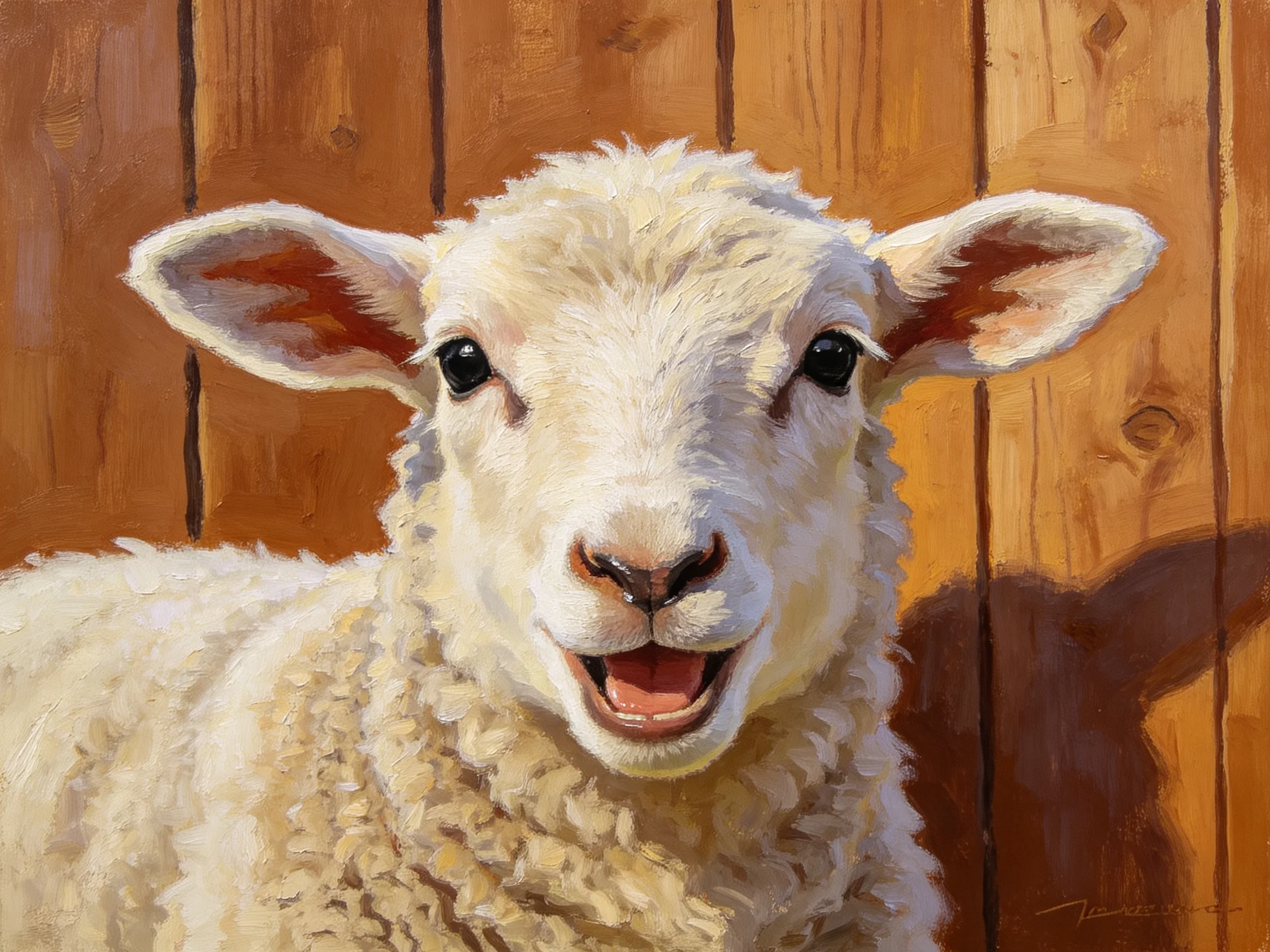 A cheerful lamb with soft white wool near a brown wooden fence