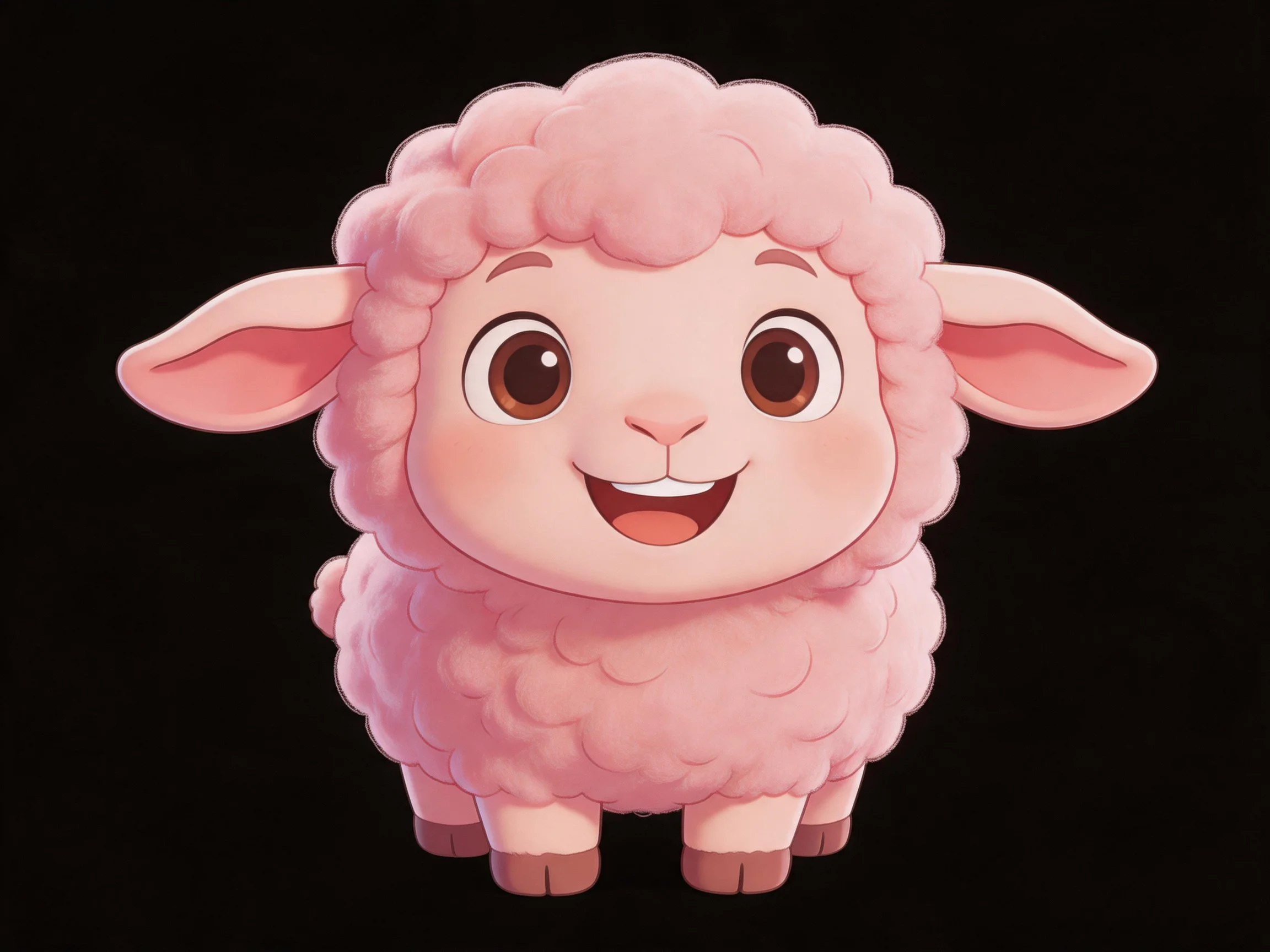A cheerful pink cartoon sheep with large ears and fluffy wool