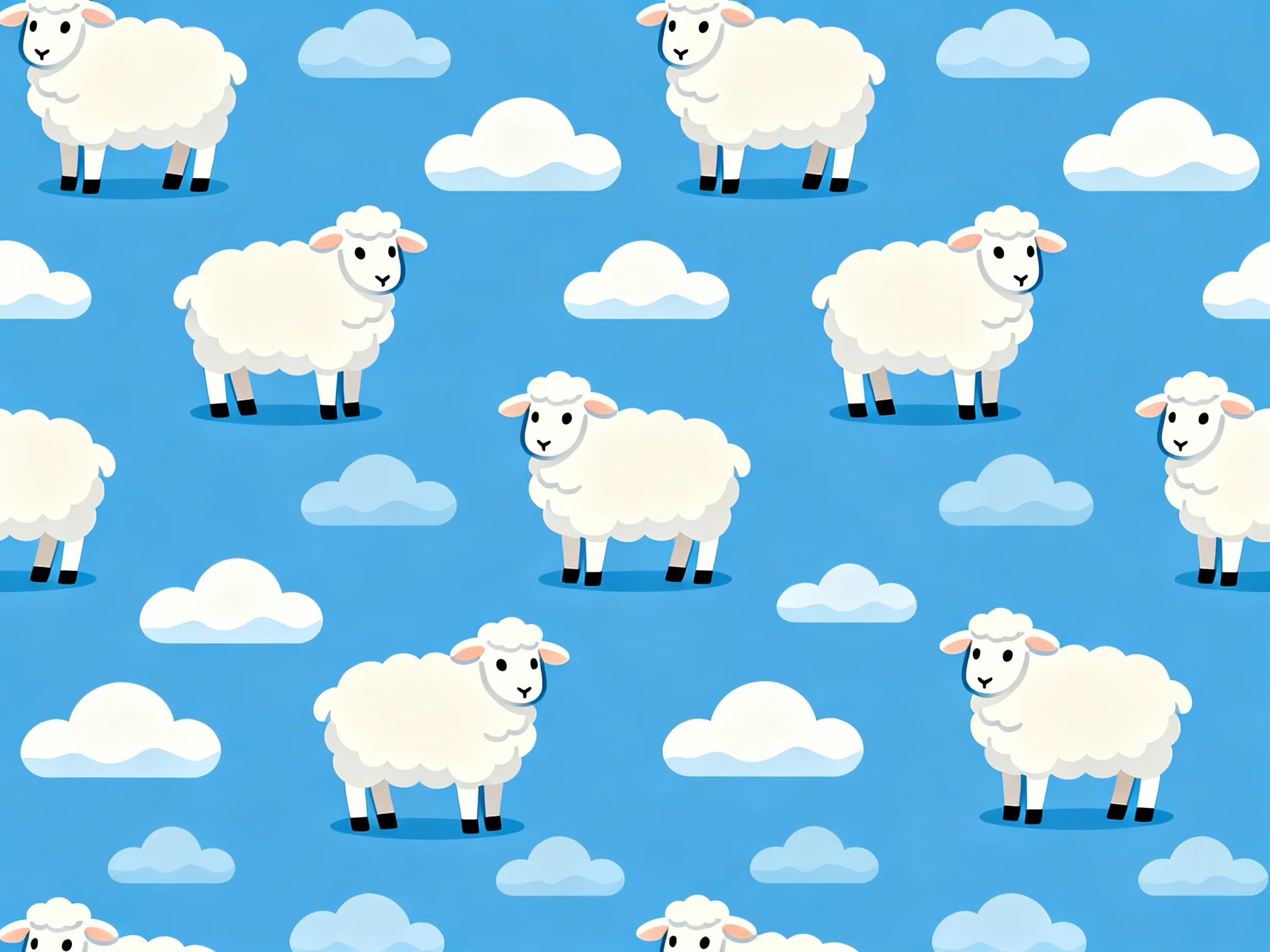 A cheerful repeating pattern of cartoon sheep and fluffy white clouds