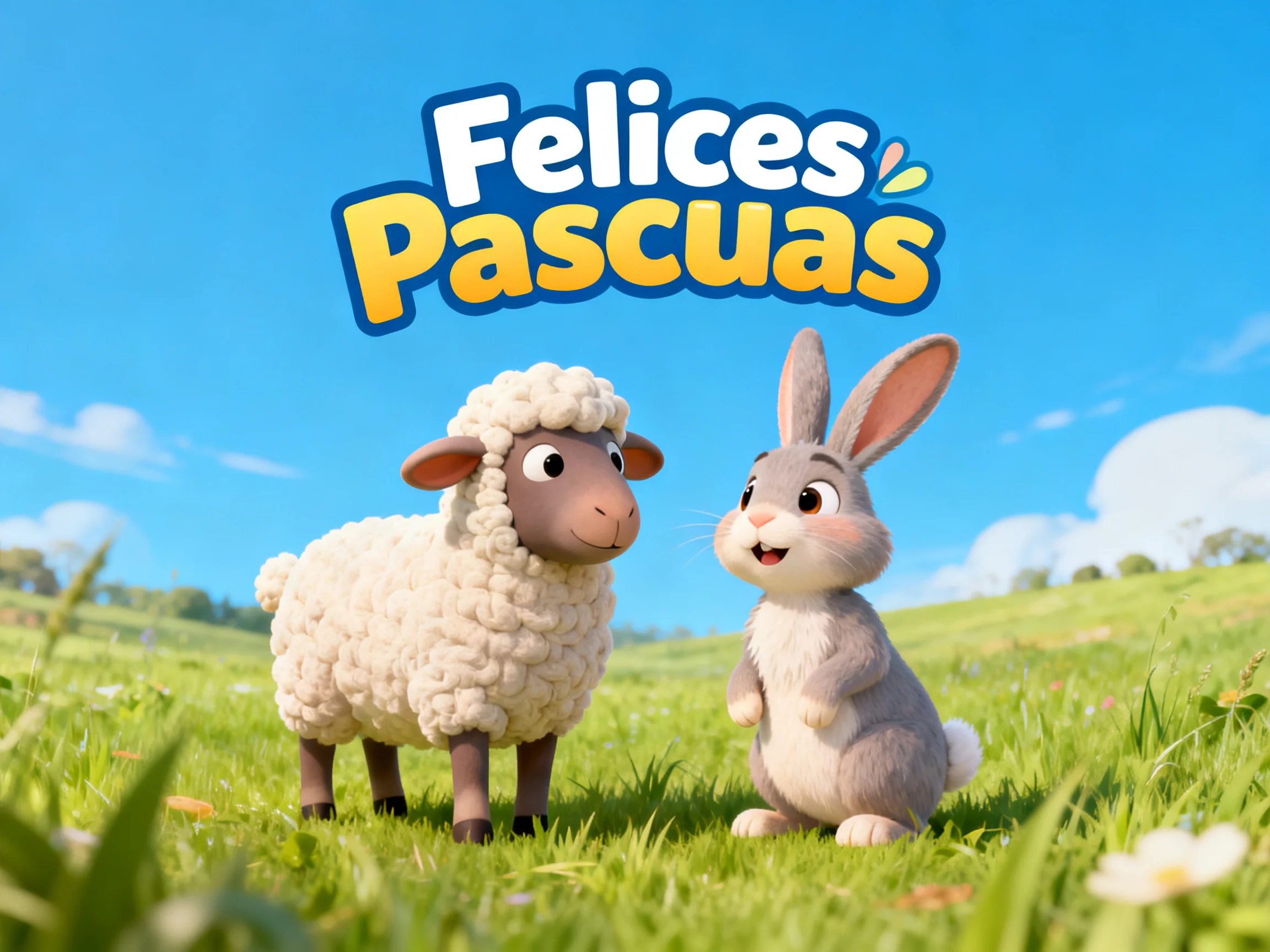A cheerful sheep and rabbit stand on a bright green meadow with Easter greetings