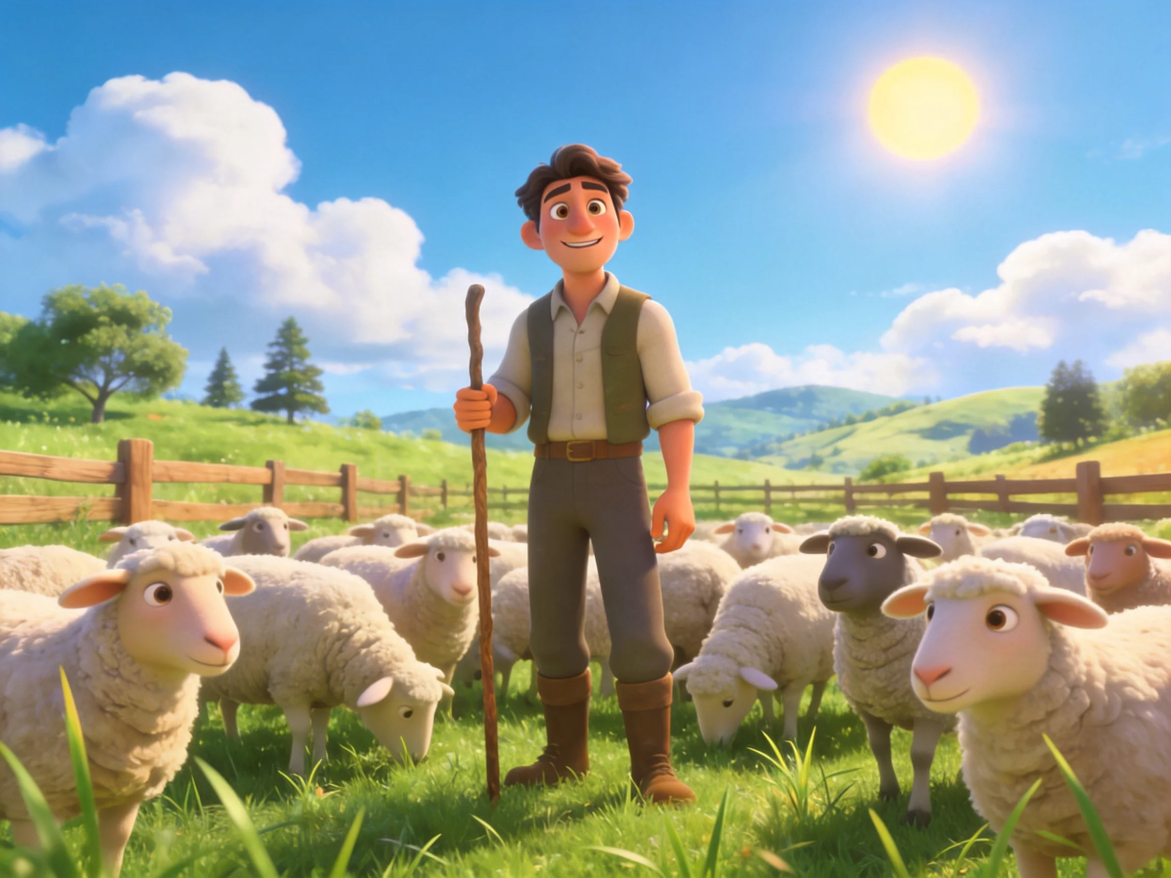 A cheerful shepherd tends sheep in a sunlit green pasture