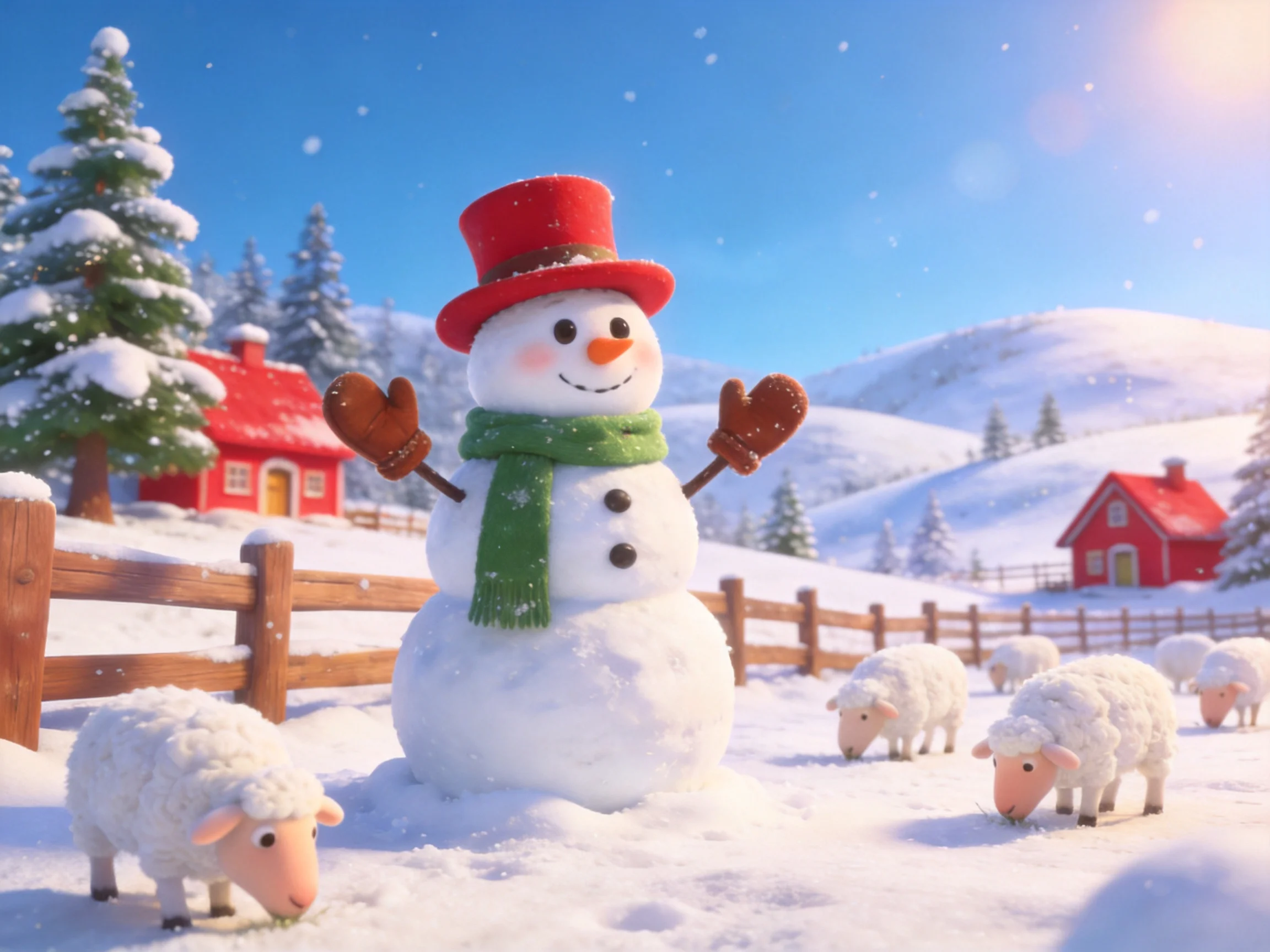 A cheerful snowman with red top hat near white sheep in snowy countryside