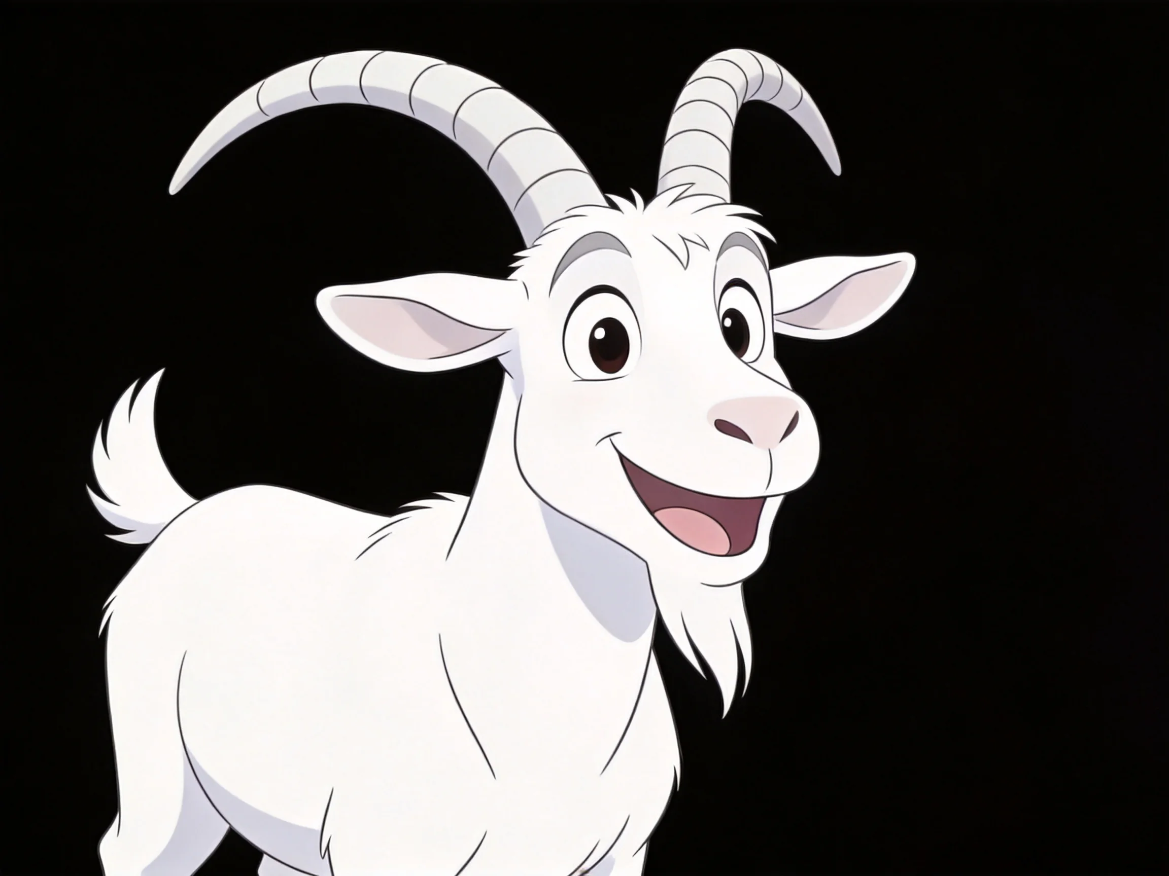 A cheerful white cartoon goat with large curved horns