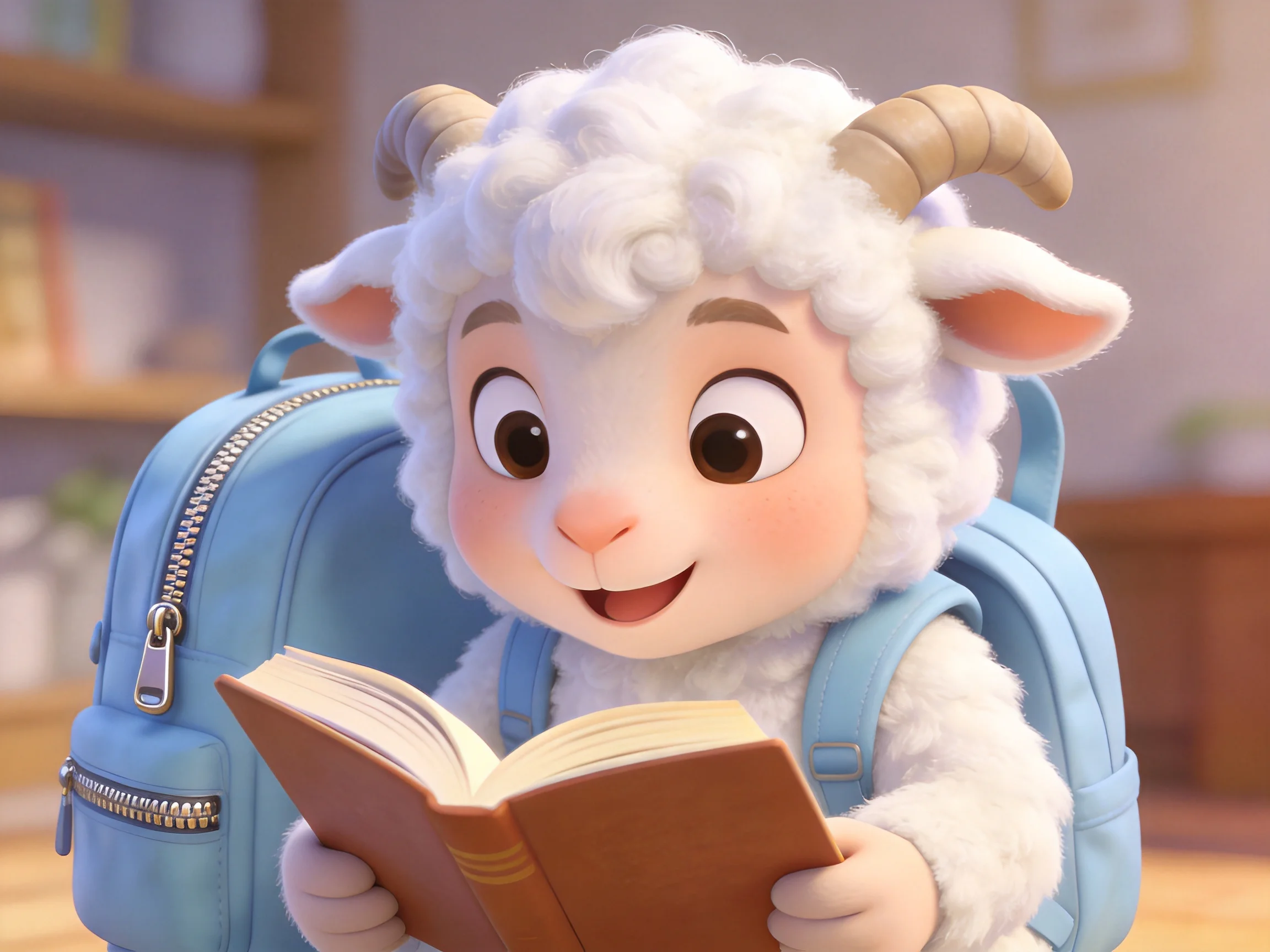 A cheerful white cartoon sheep reads a book with a blue backpack
