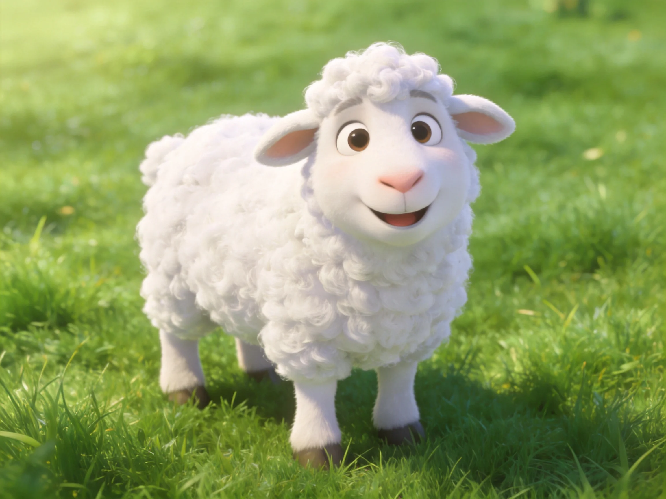 A cheerful white cartoon sheep stands on lush green grass