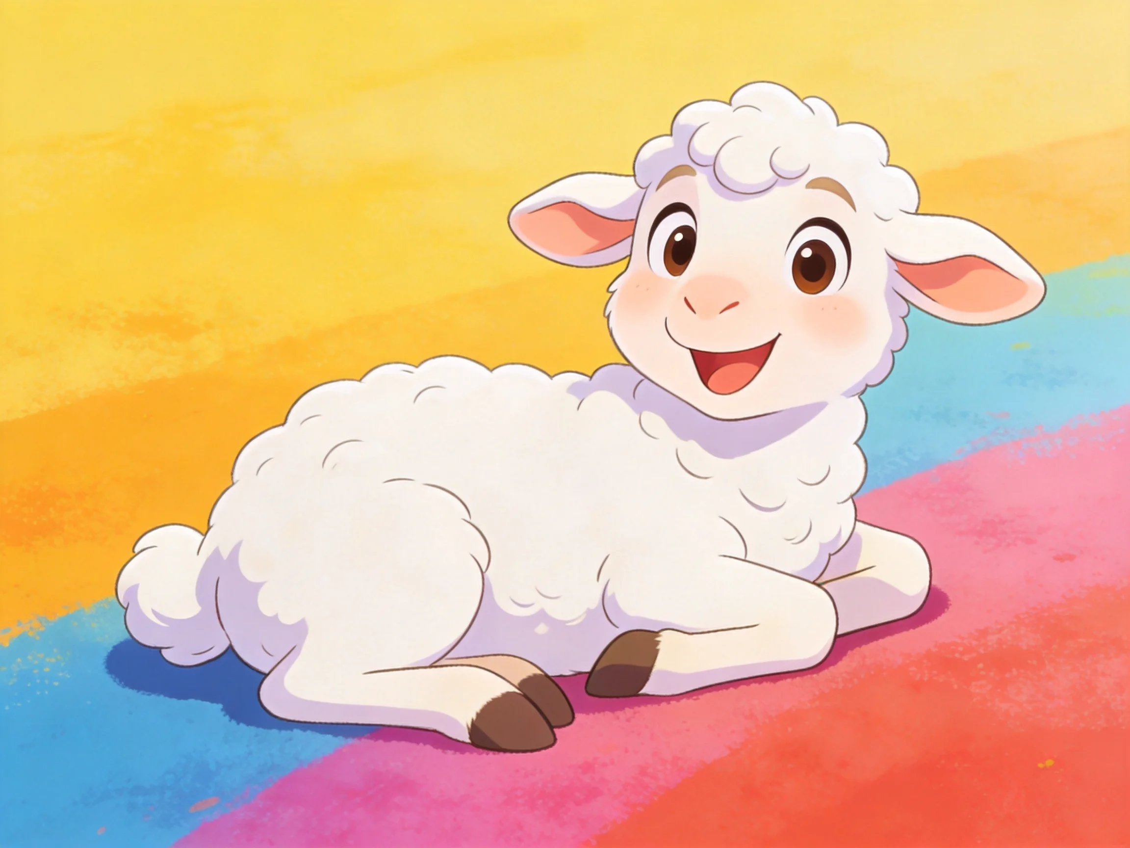 A cheerful white lamb rests on a brightly colored striped ground