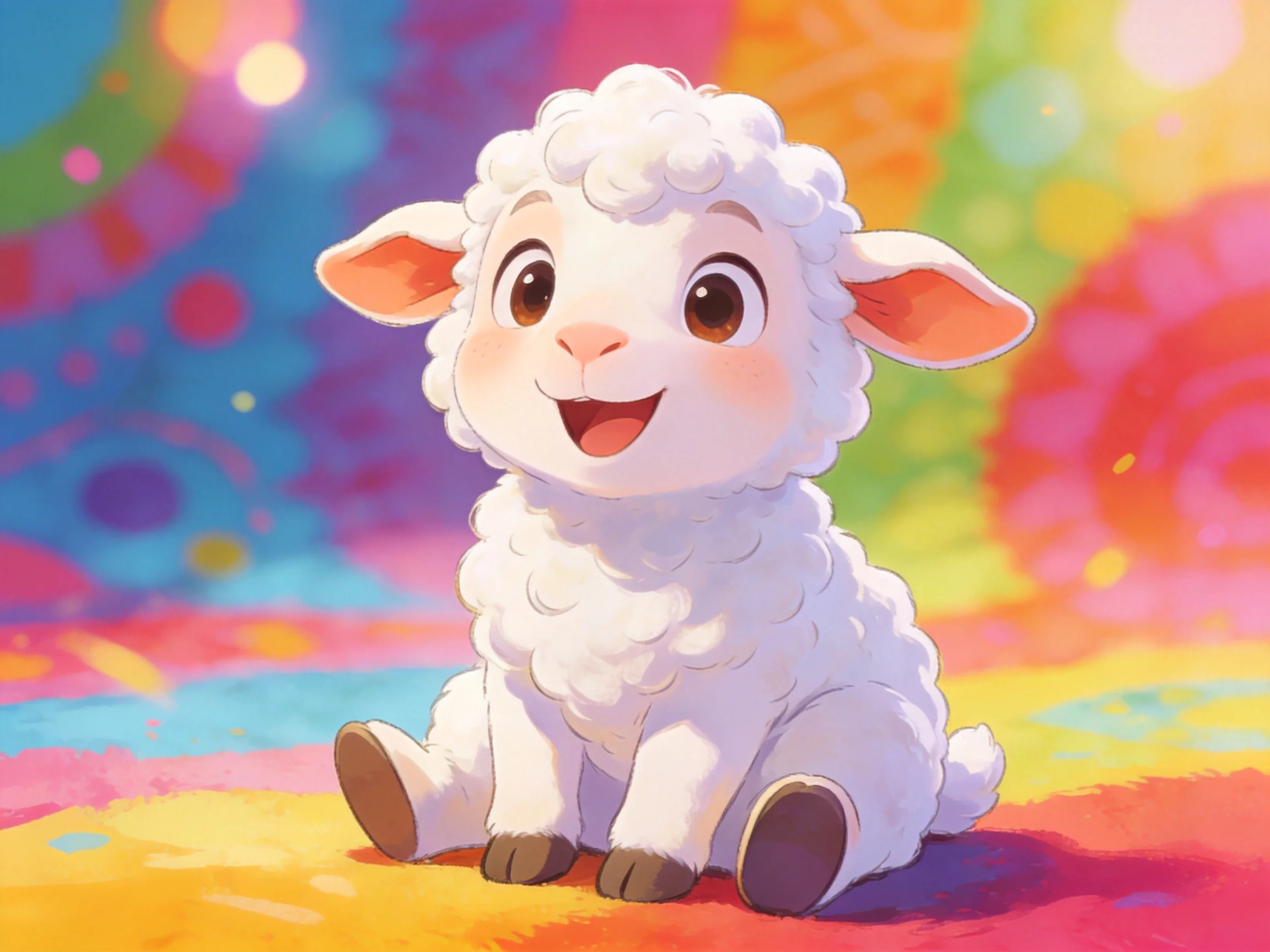 A cheerful white lamb sitting amidst vibrant, multicolored abstract patterns