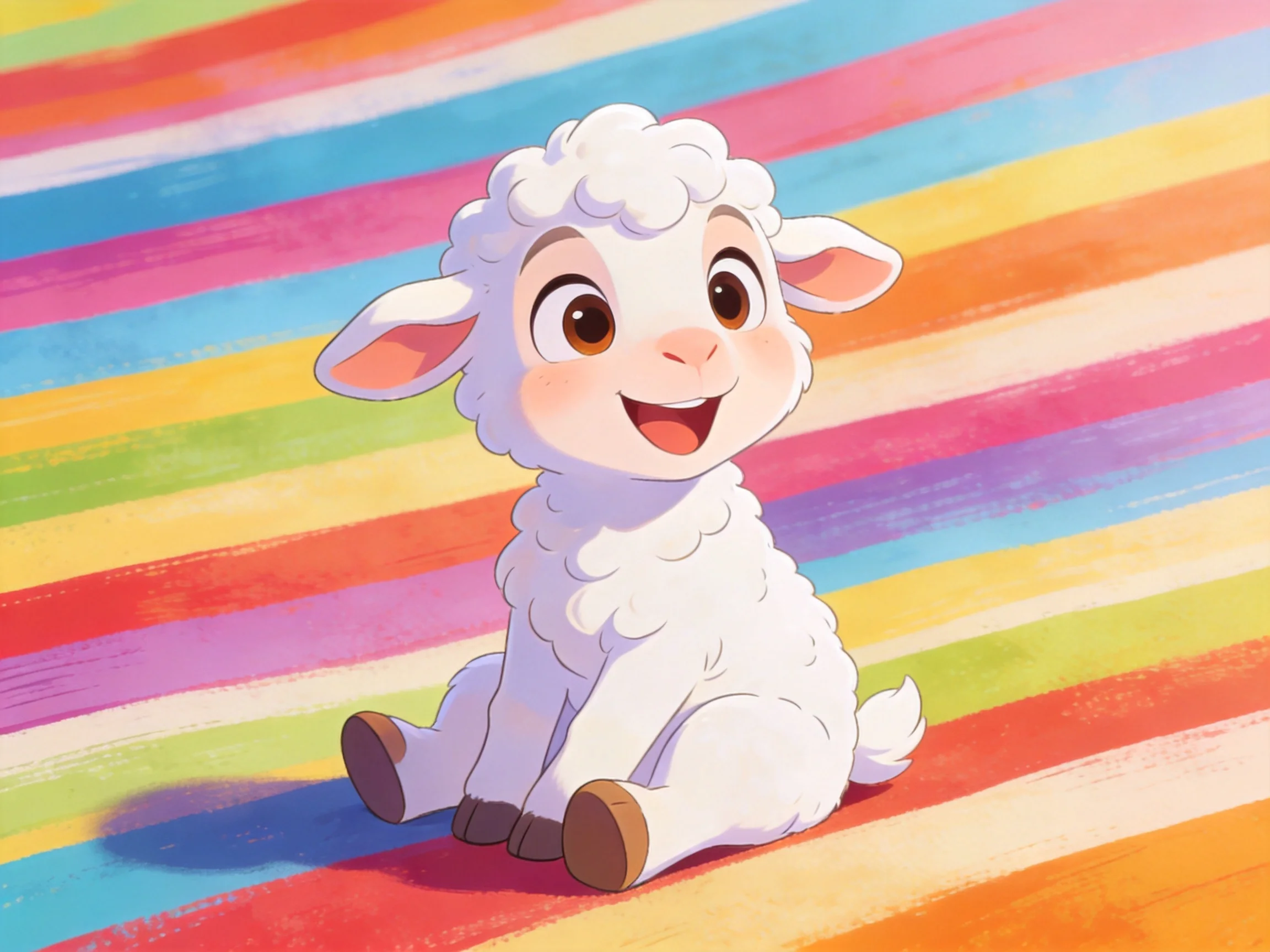 A cheerful white lamb sitting on colorful rainbow-striped fabric