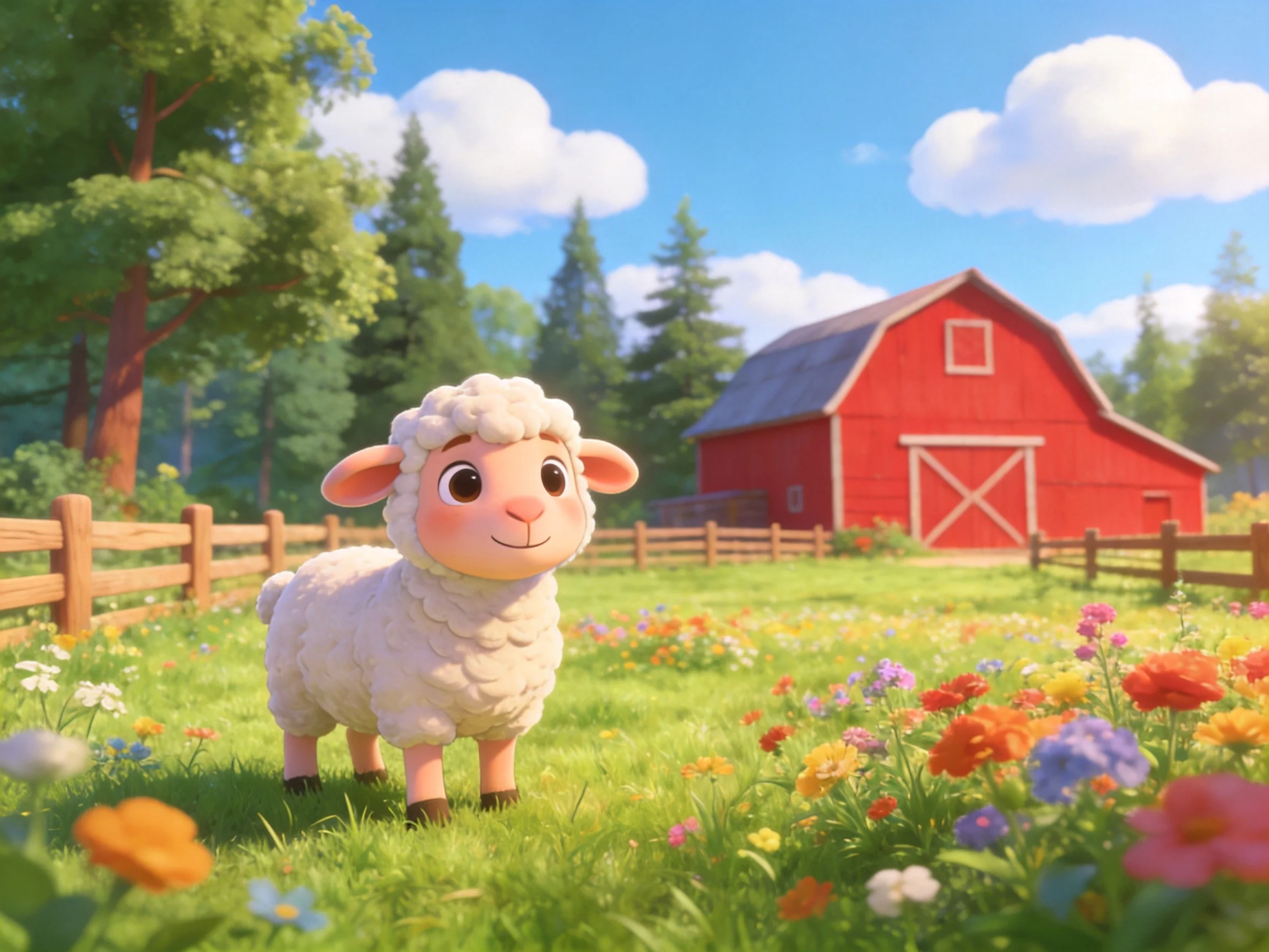 A cheerful white lamb stands near a bright red barn in a flower-filled meadow