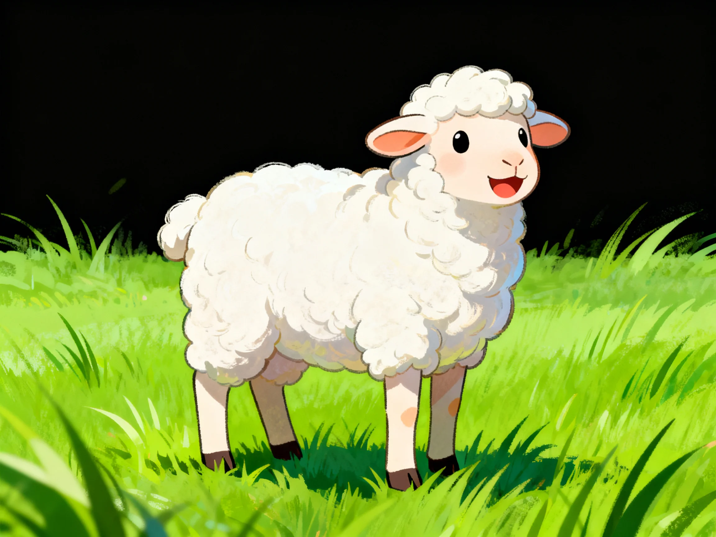 A cheerful white sheep stands on vibrant green grass