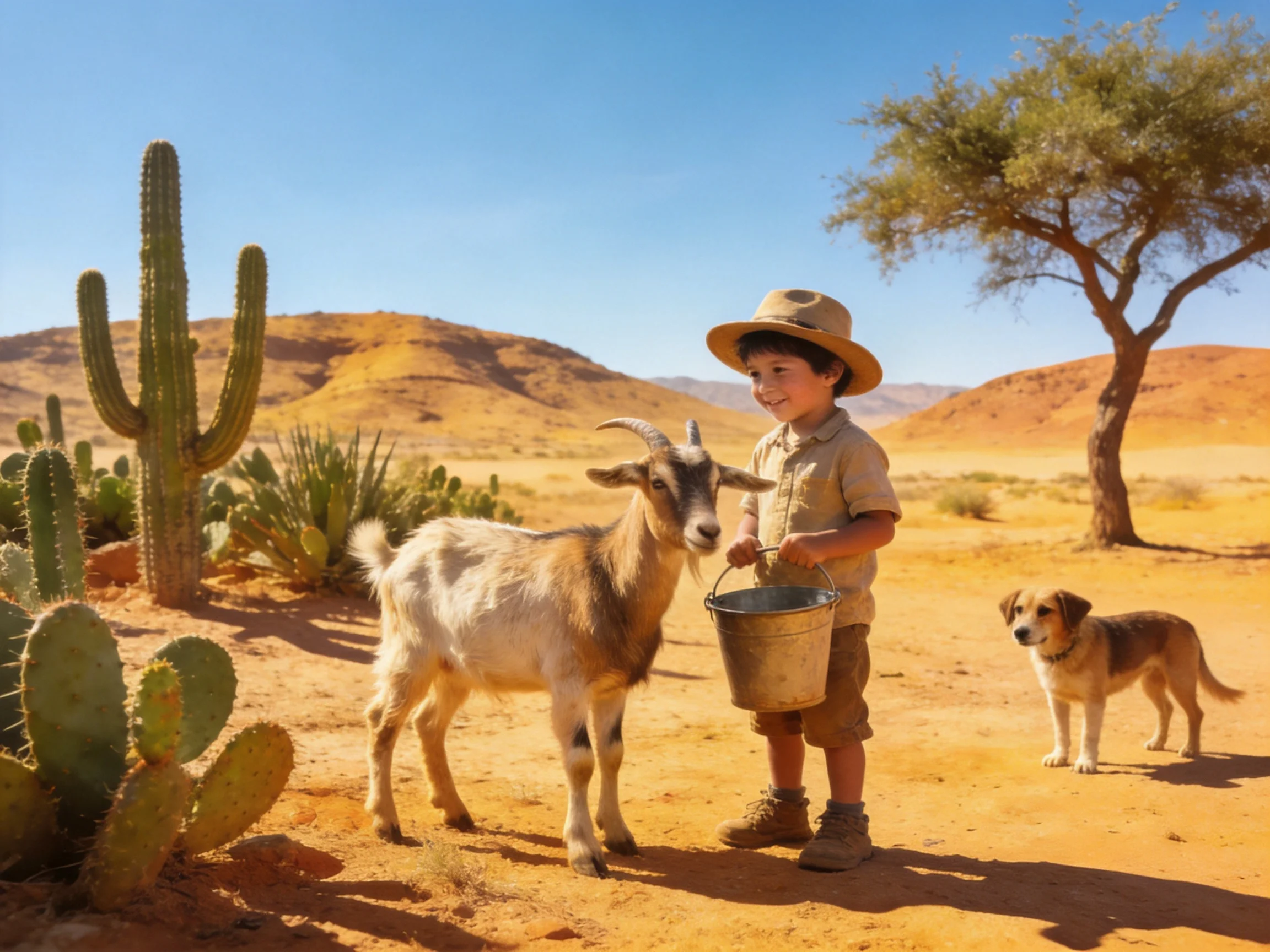 A child feeding a goat near a dog in a sunny desert