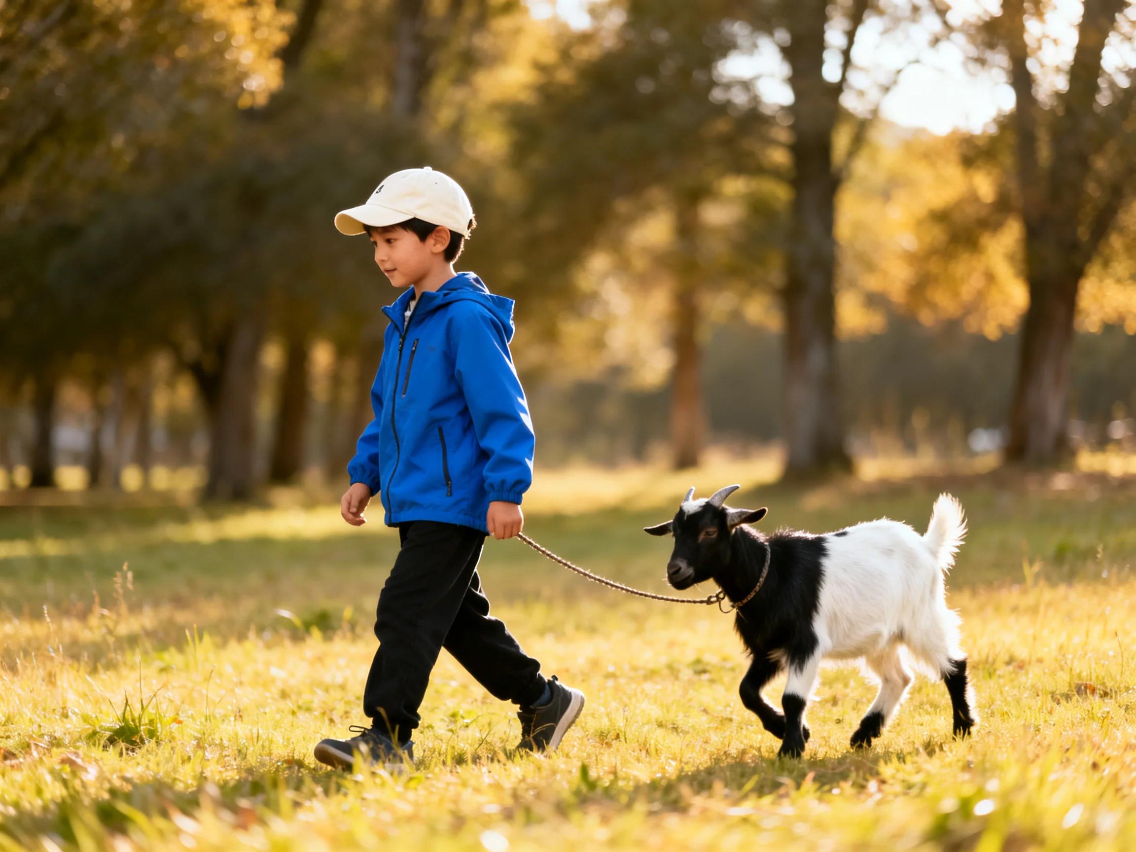 A child in a blue hoodie leads a black - white goat through a sunlit wooded field