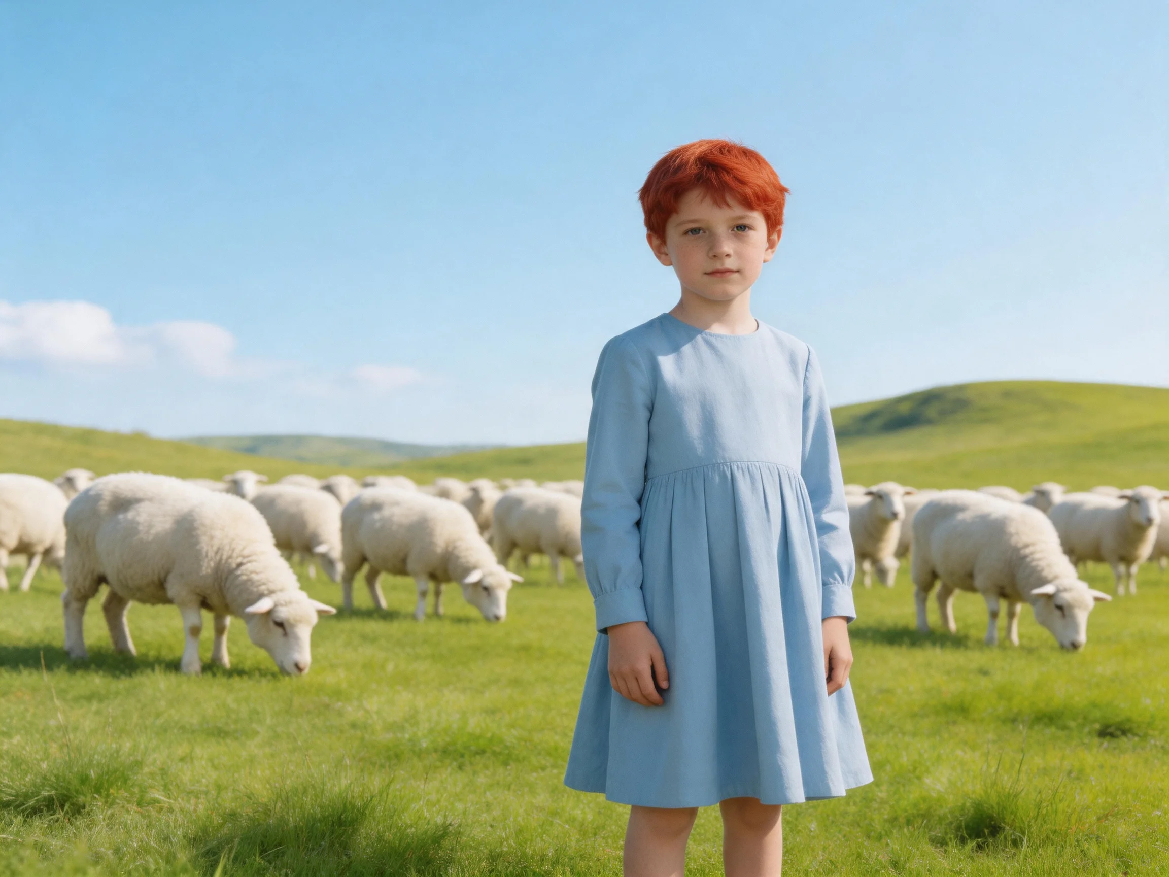 A child in a light blue dress stands among white sheep in a green pasture