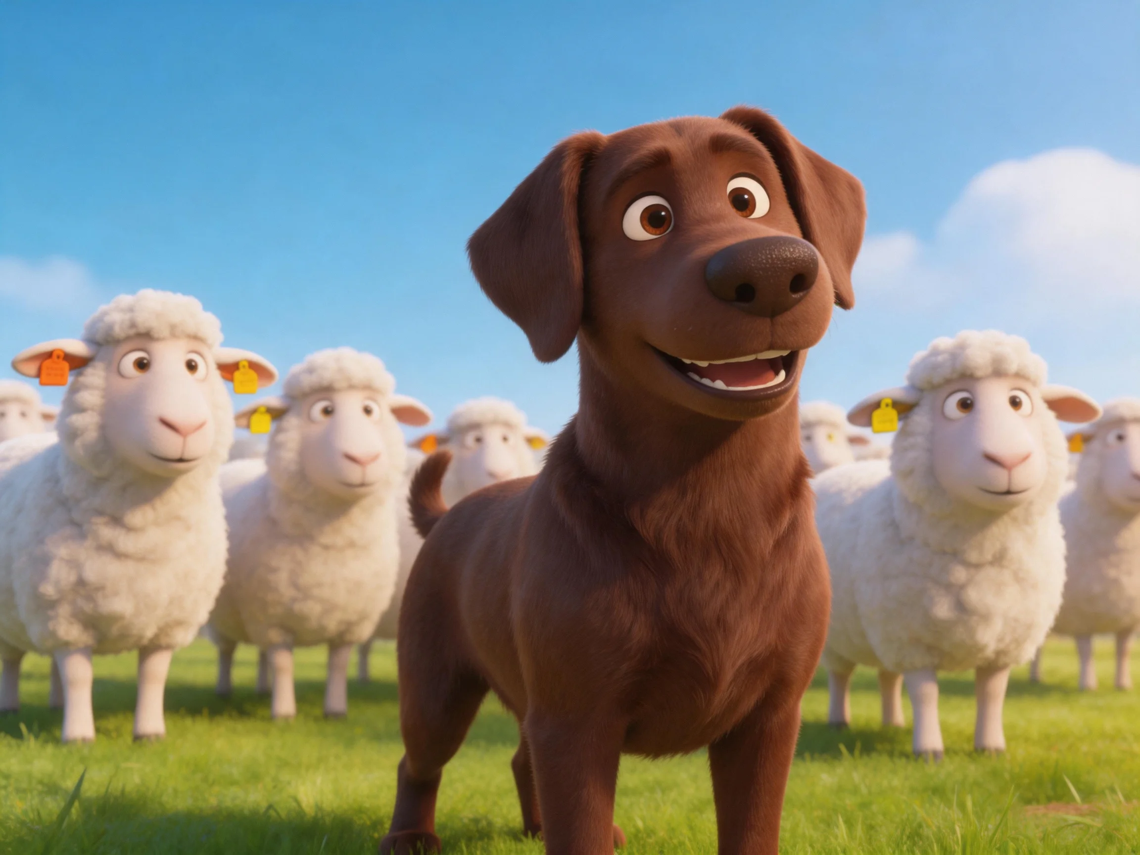 A chocolate-brown dog stands among white sheep in a sunny pasture