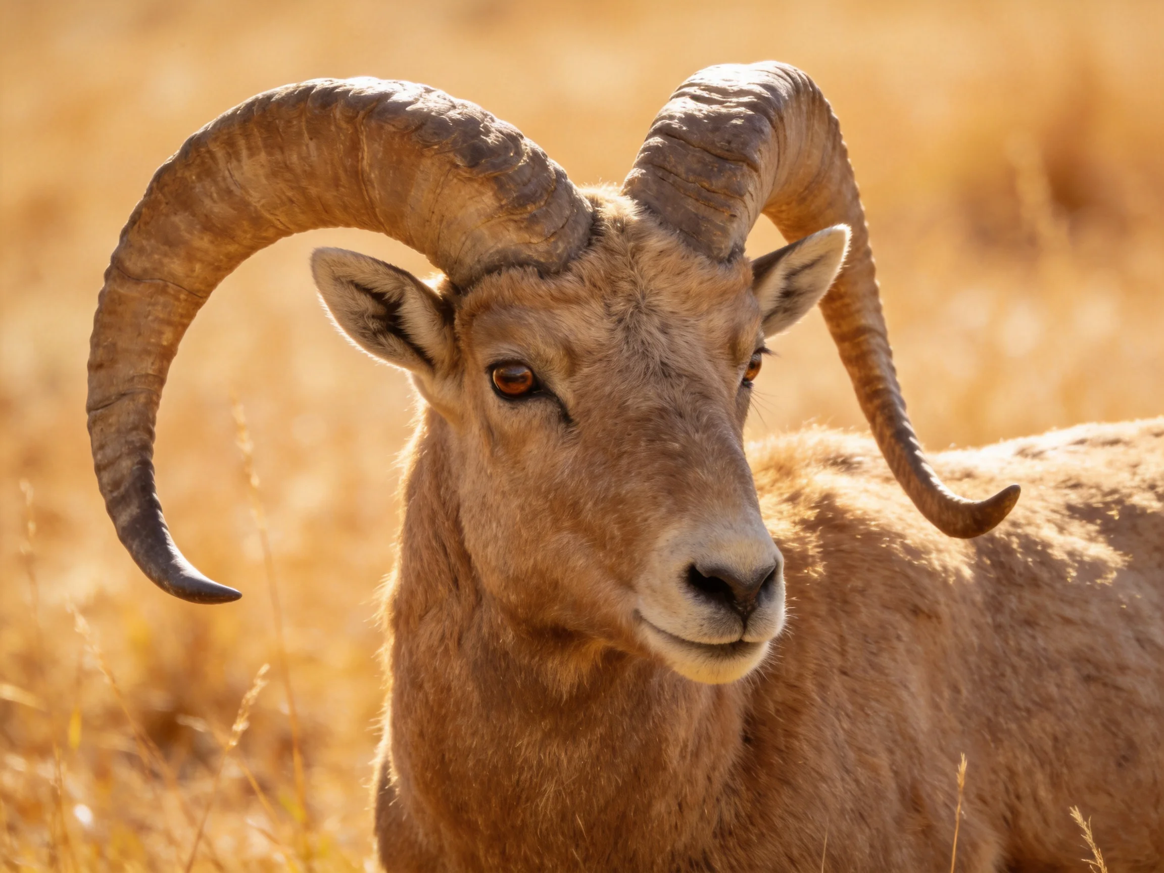 A close - up of a bighorn sheep with large curved horns in golden grassland