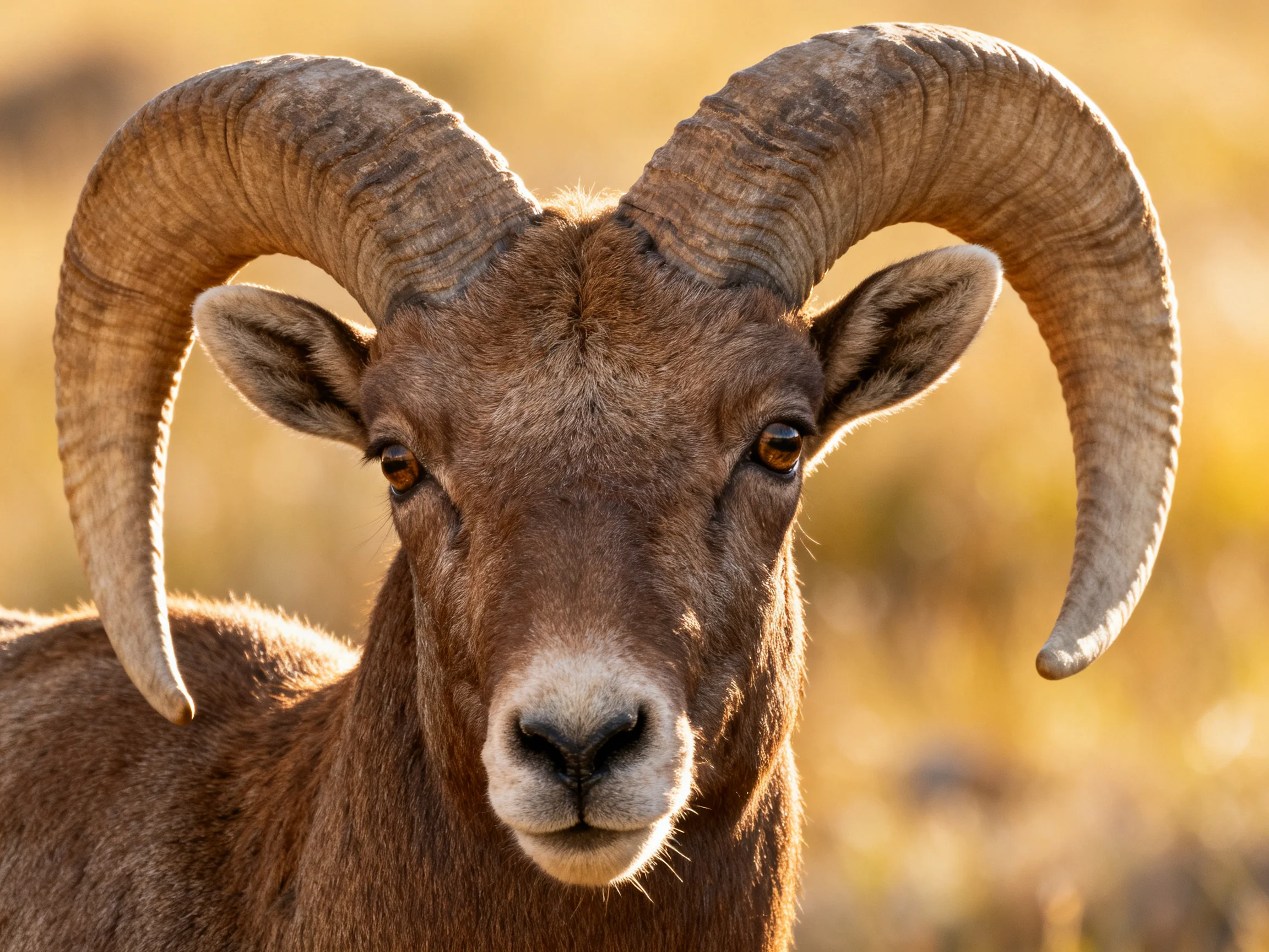 A close-up of a bighorn sheep with large curved horns