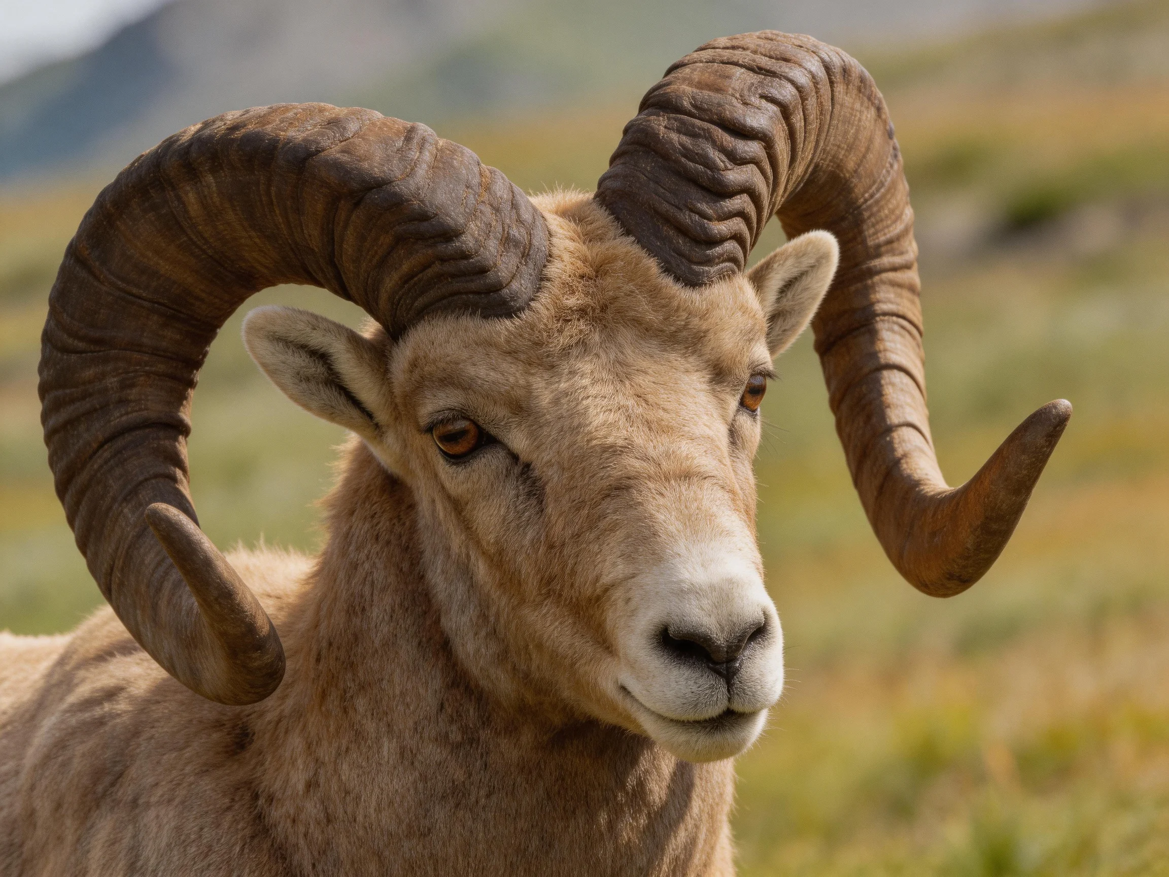 A close-up of a bighorn sheep with massive curved brown horns