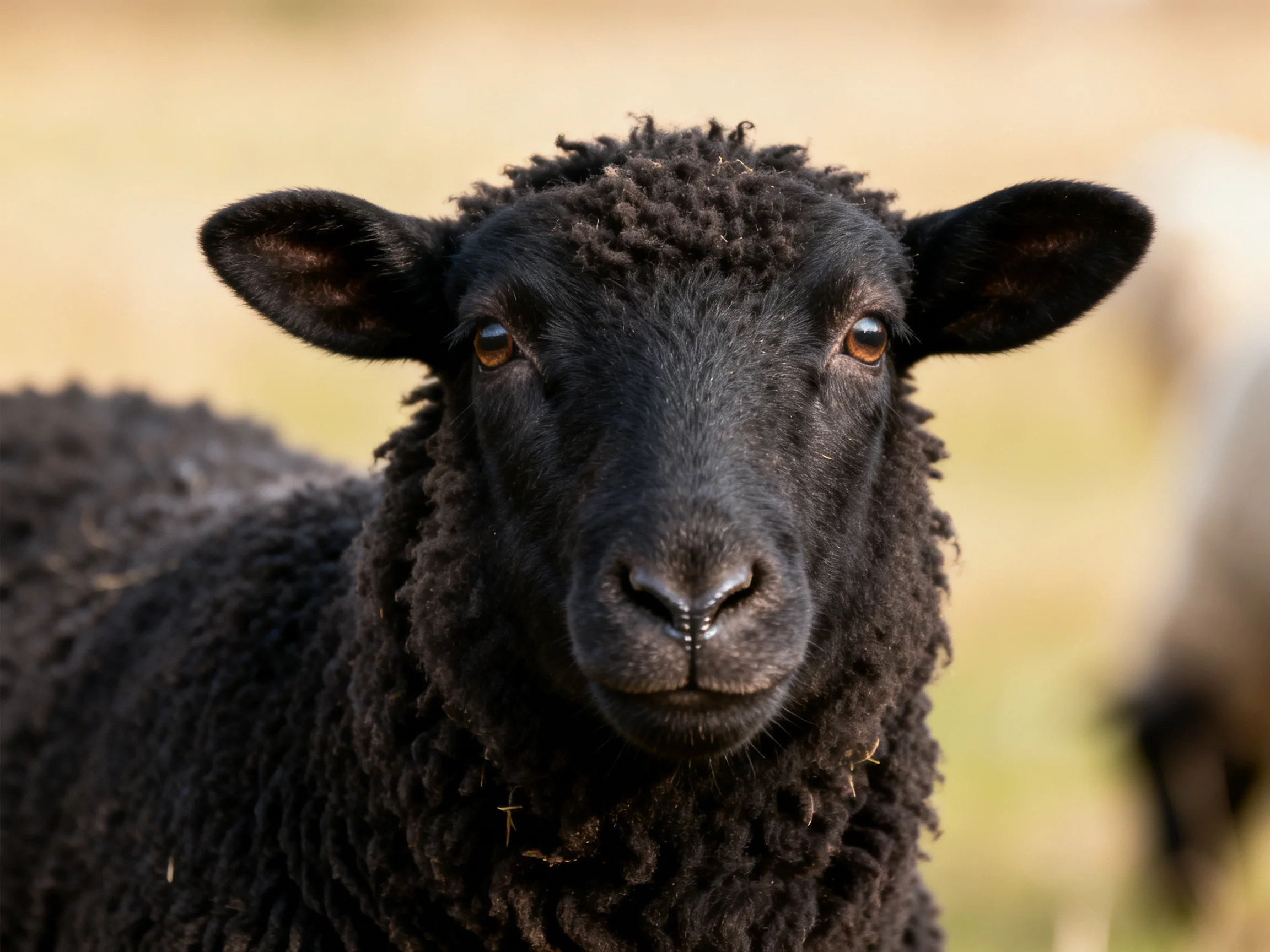 A close - up of a black sheep with thick, curly wool