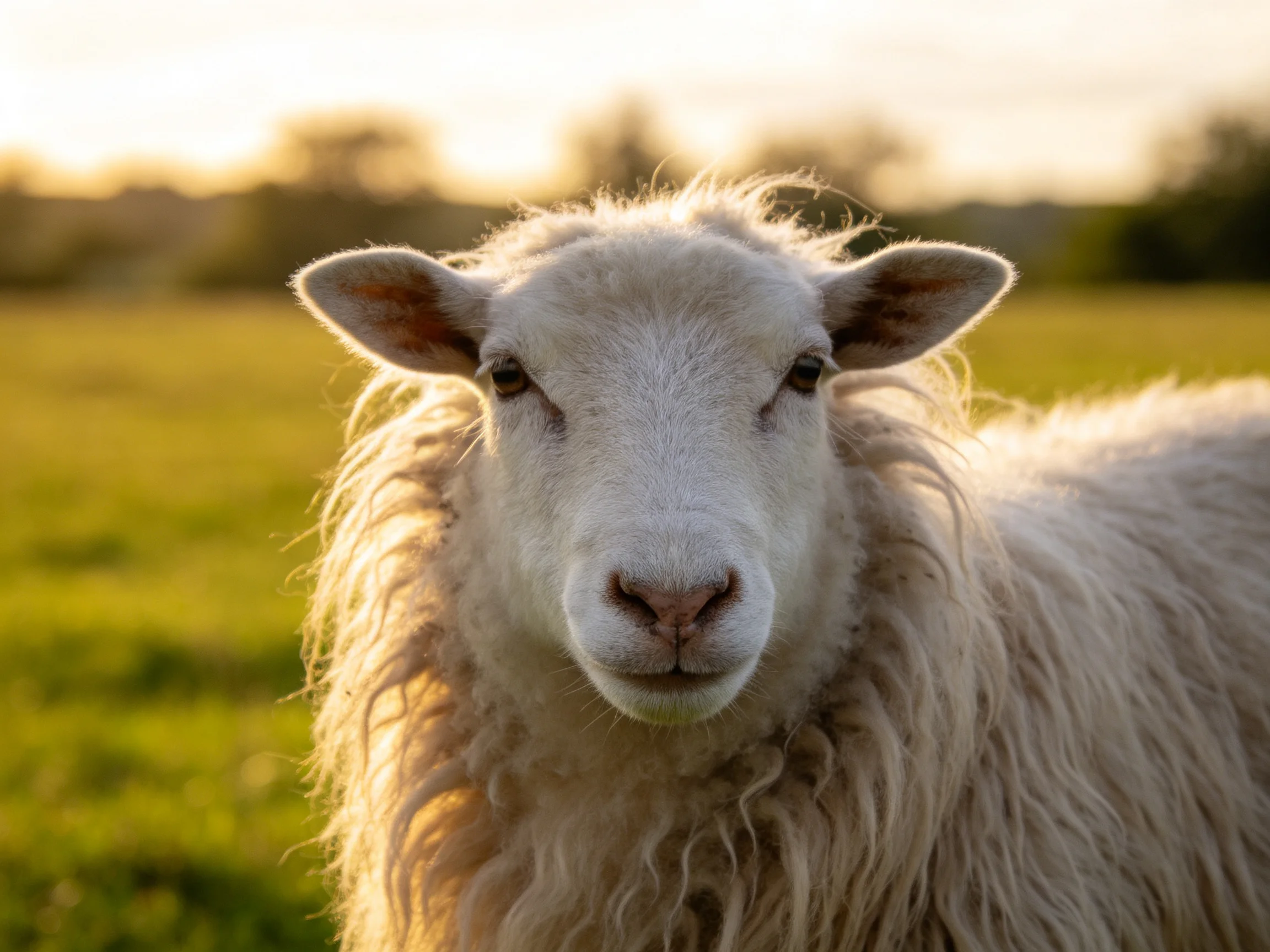 A close - up of a fluffy white sheep in a sunlit field
