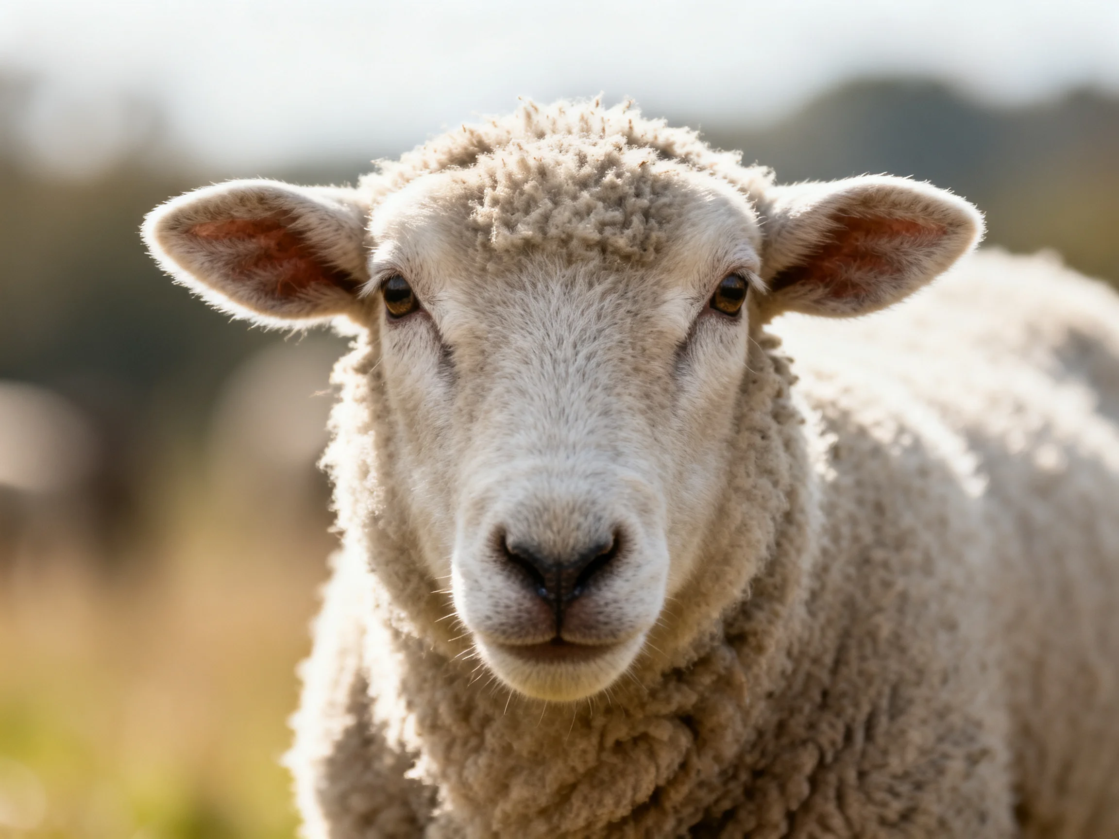 A close - up of a fluffy white sheep in a sunlit field