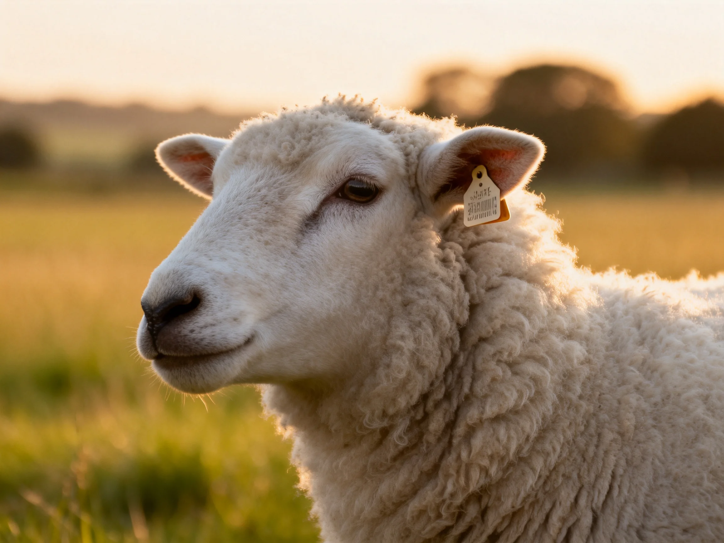 A close - up of a fluffy white sheep in a sunlit field
