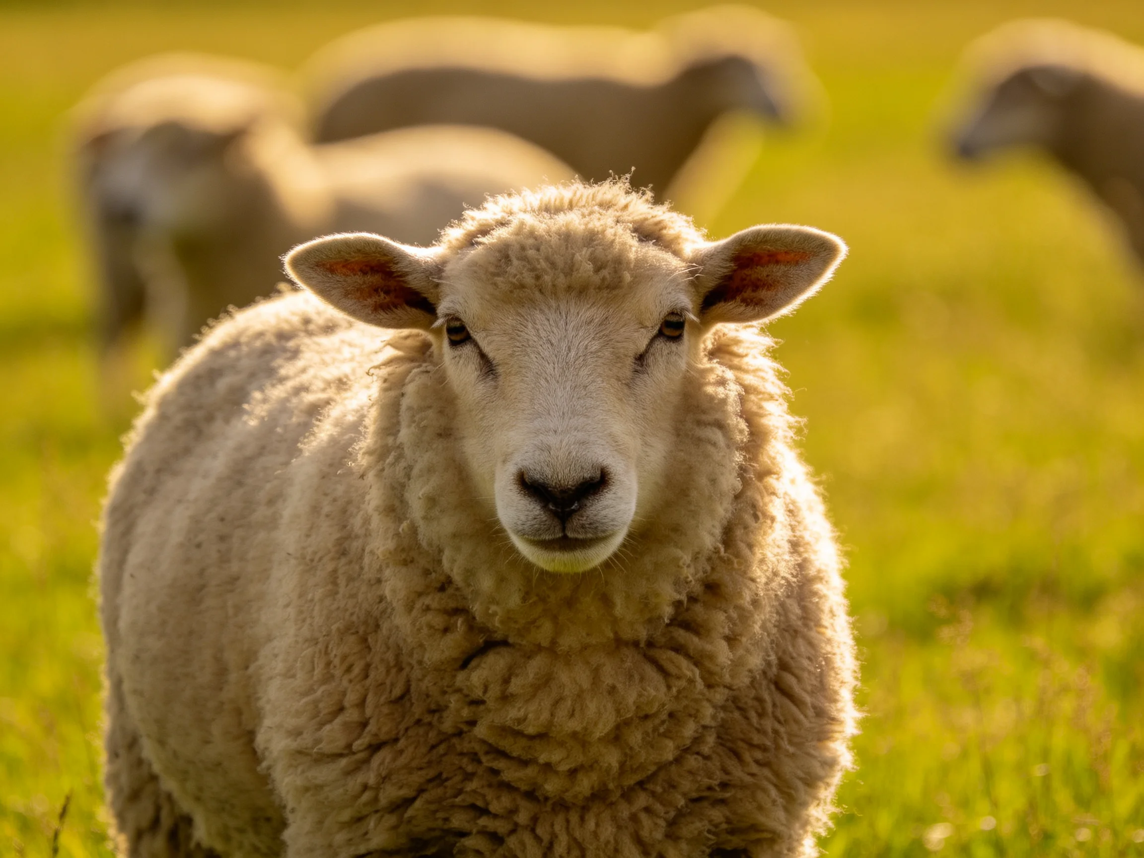 A close - up of a fluffy white sheep in a sunlit green pasture