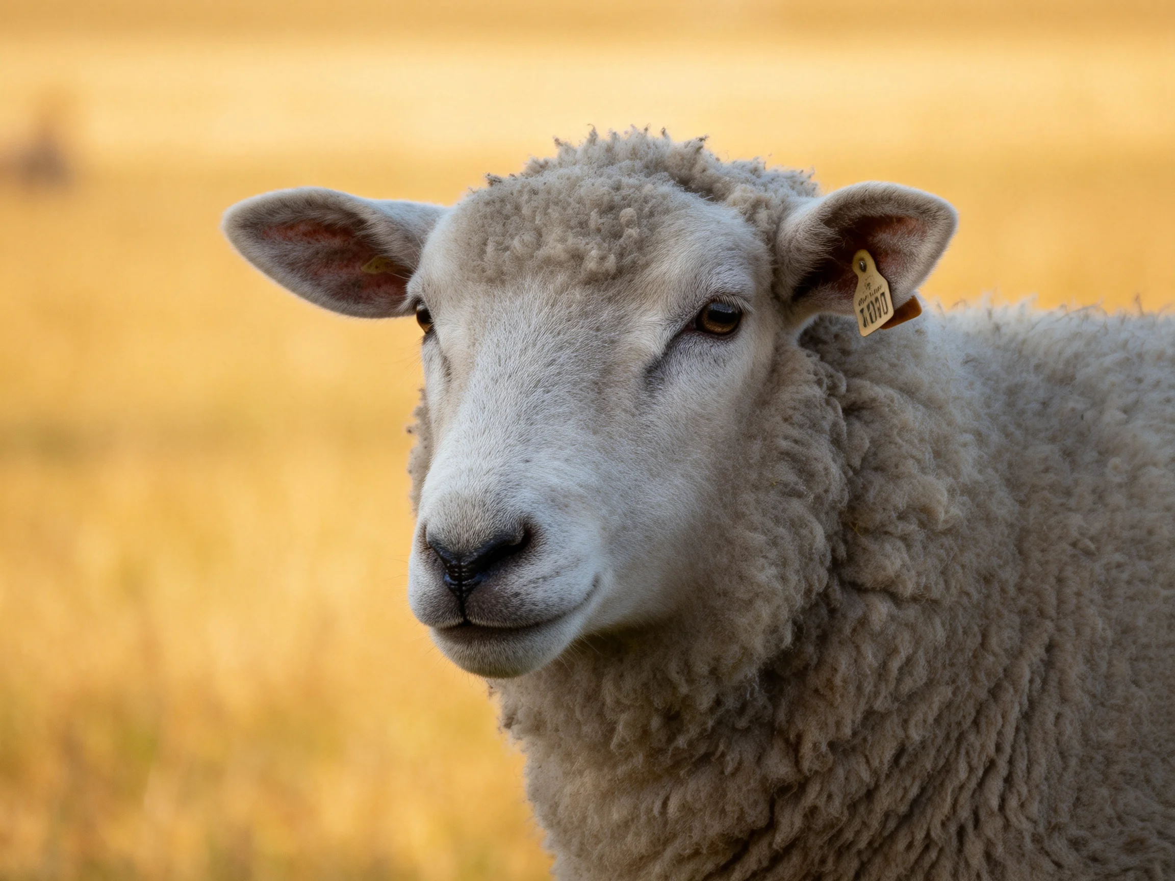 A close-up of a gray sheep with an ear tag in a golden field