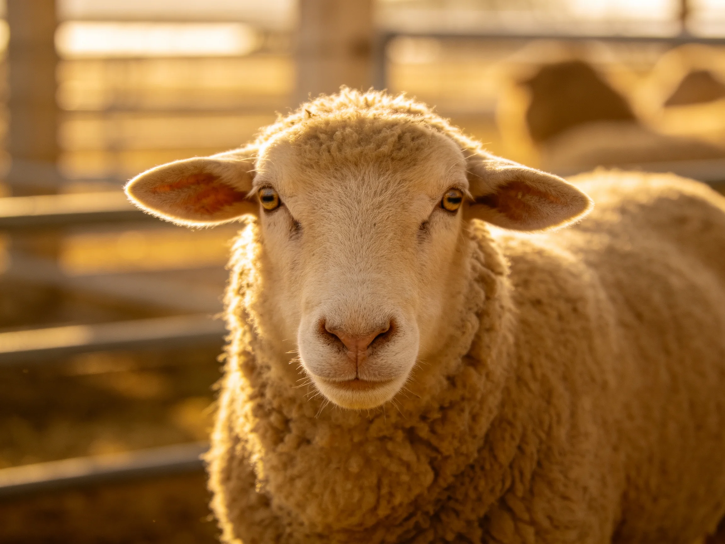 A close - up of a light brown sheep with thick wool in golden sunlight