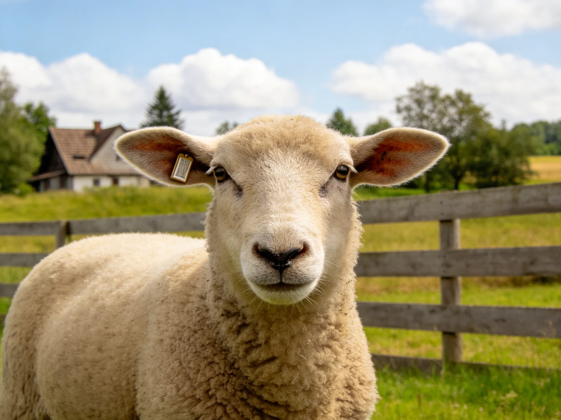 A close - up of a light - colored sheep near a wooden fence