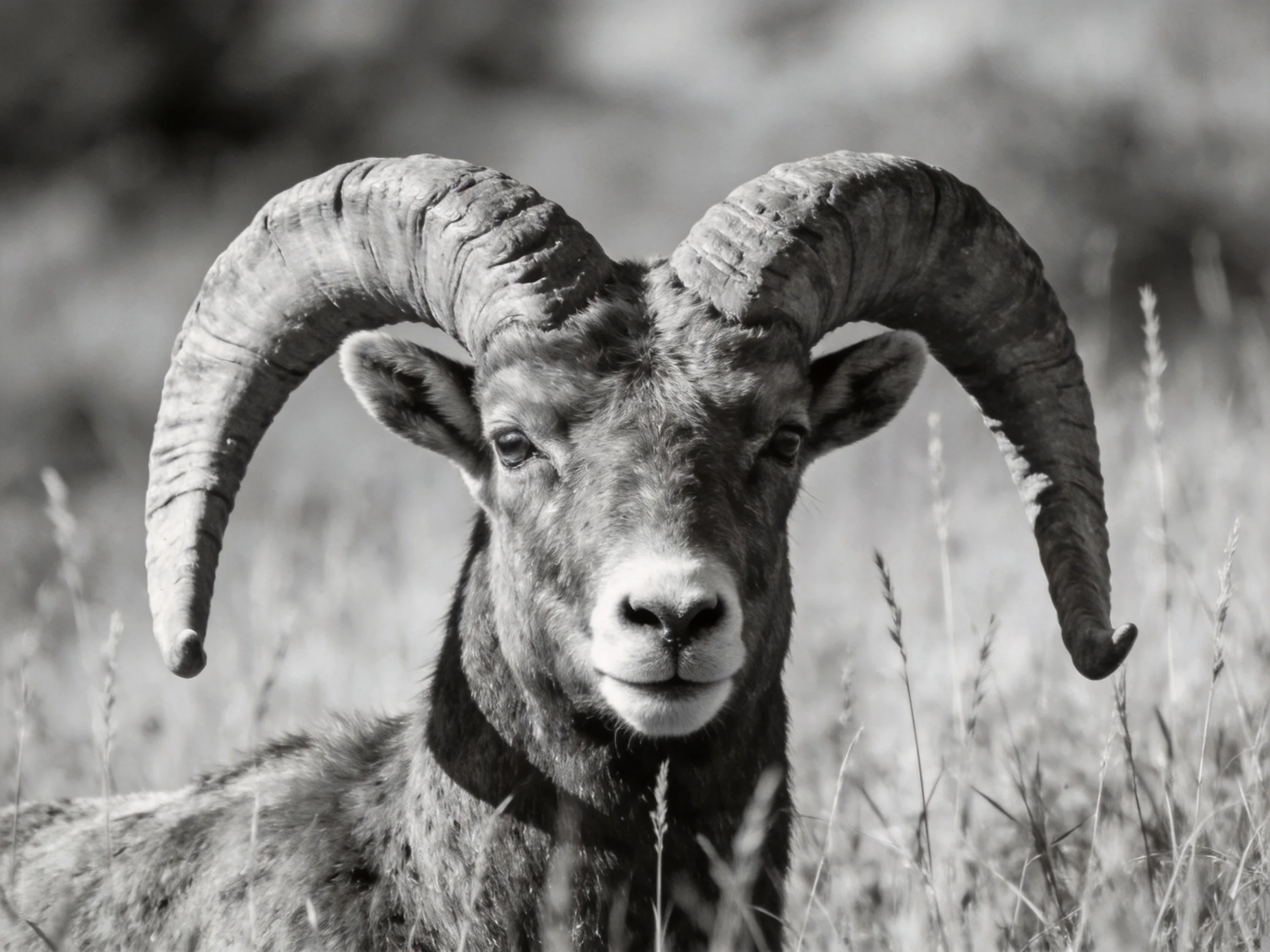 A close-up of a ram with massive curved horns in a grassy field