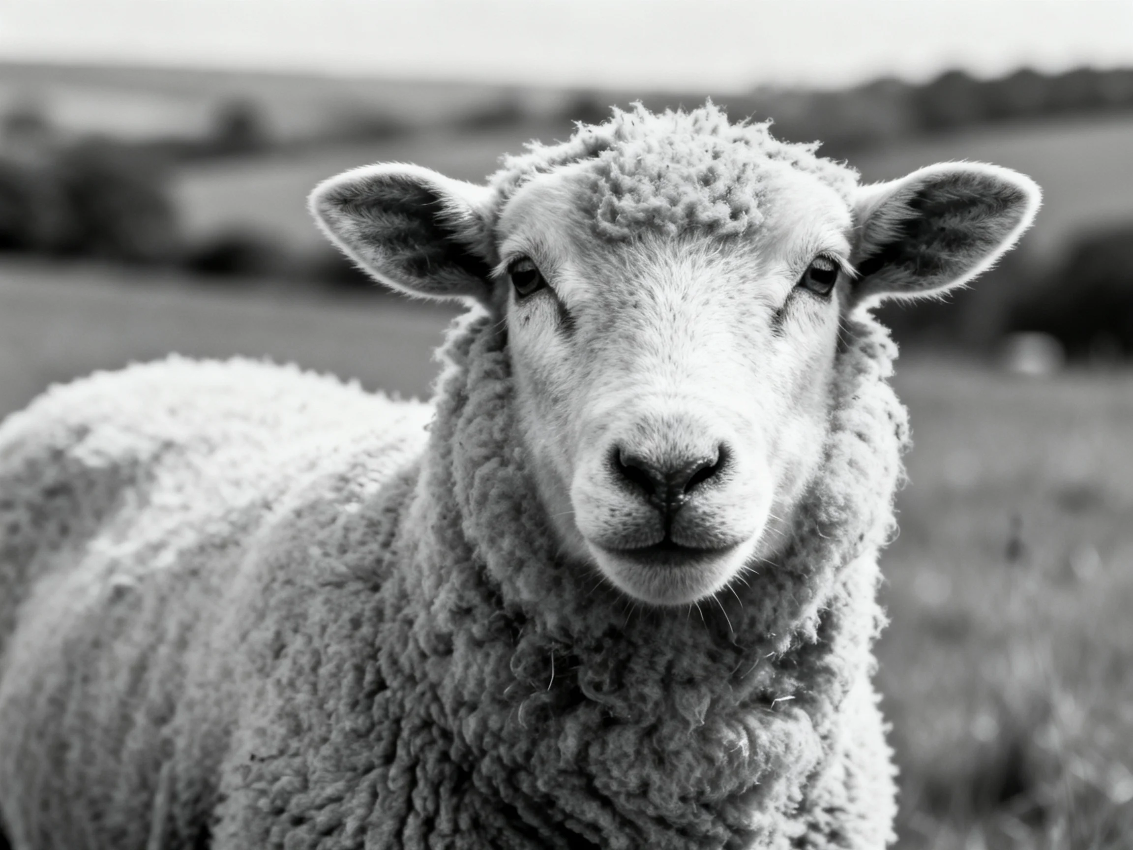 A close-up of a sheep with thick, curly wool in a rural landscape