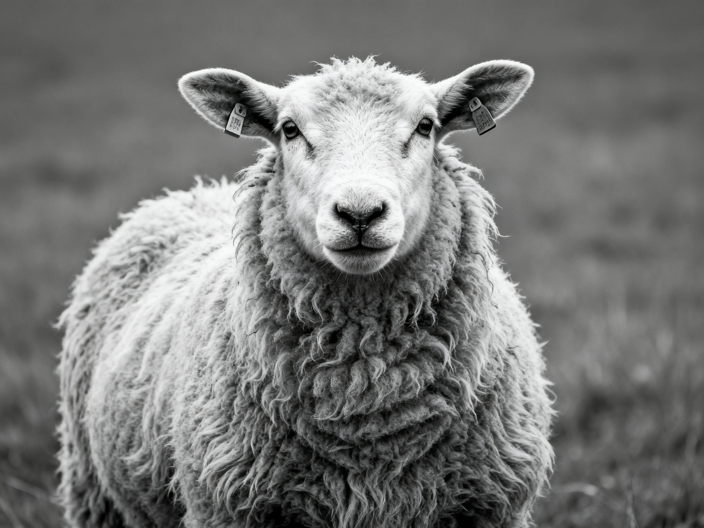 A close - up of a sheep with thick, curly wool in grayscale