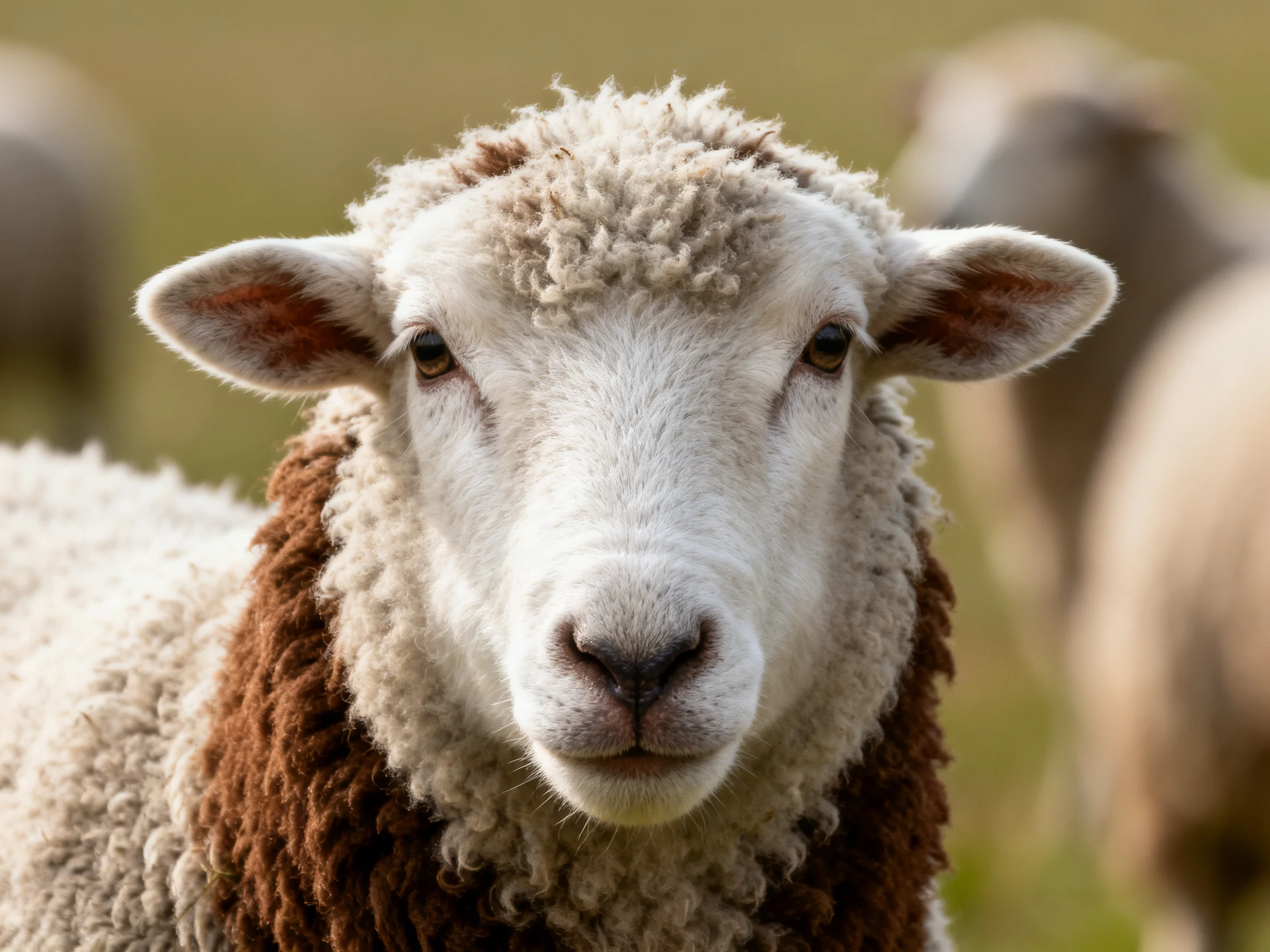 A sheep with white and brown wool stands in focus amid other sheep.