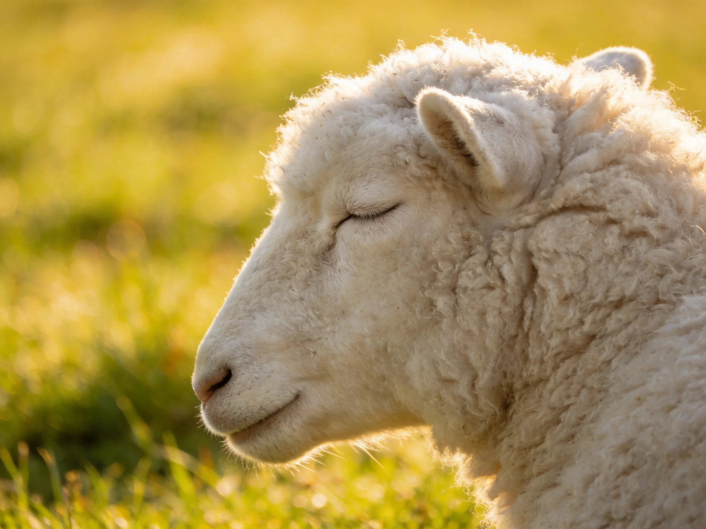 A close - up of a sheep with white wool resting in golden grass