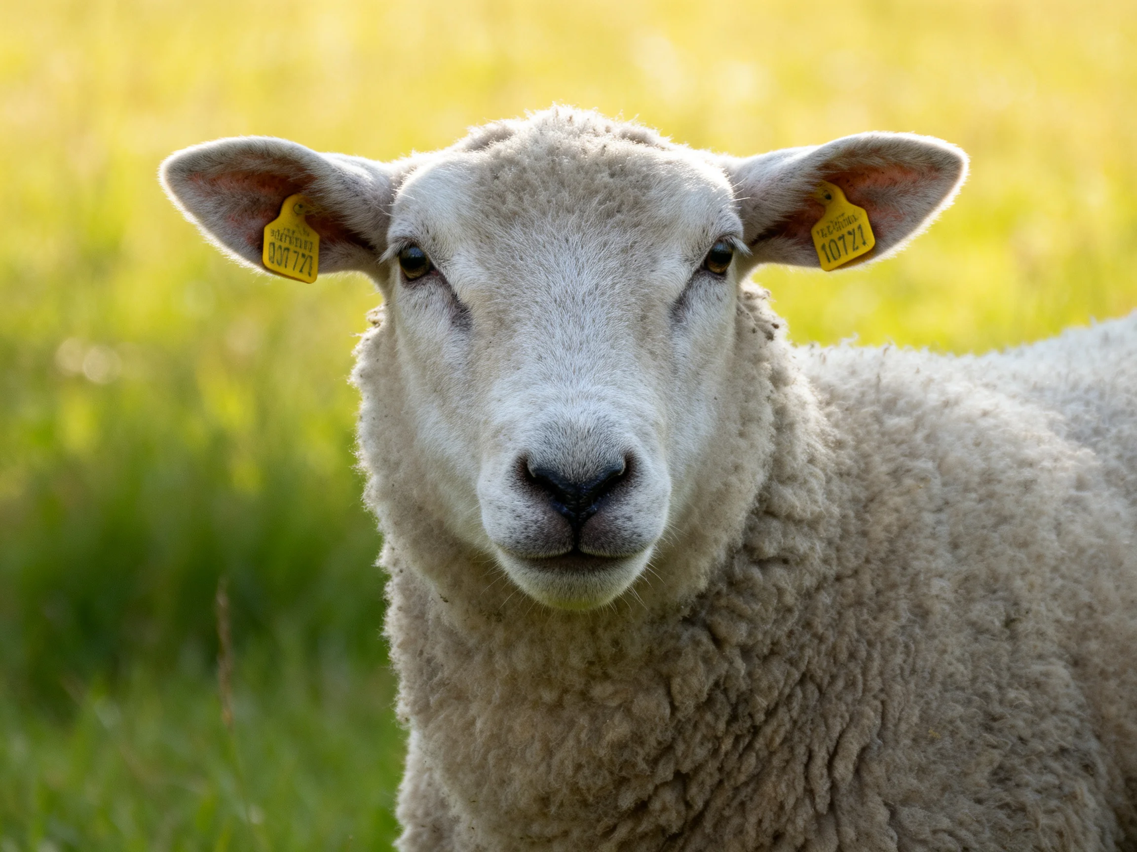 A close - up of a sheep with yellow ear tags in a green field