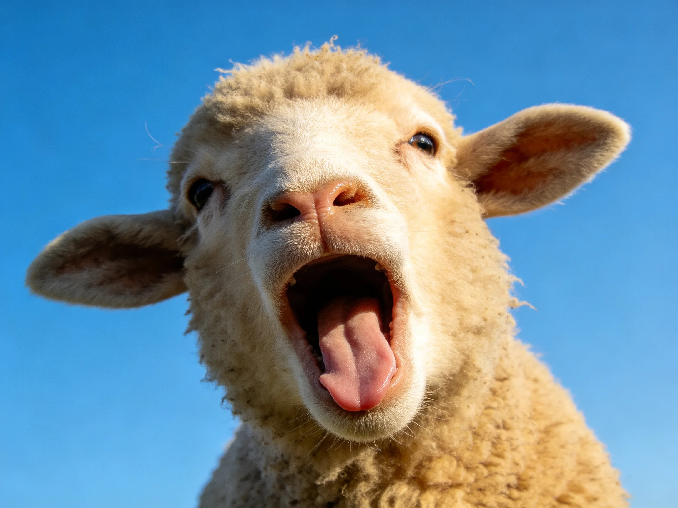 A close - up of a sheep yawning with tongue out against a blue sky