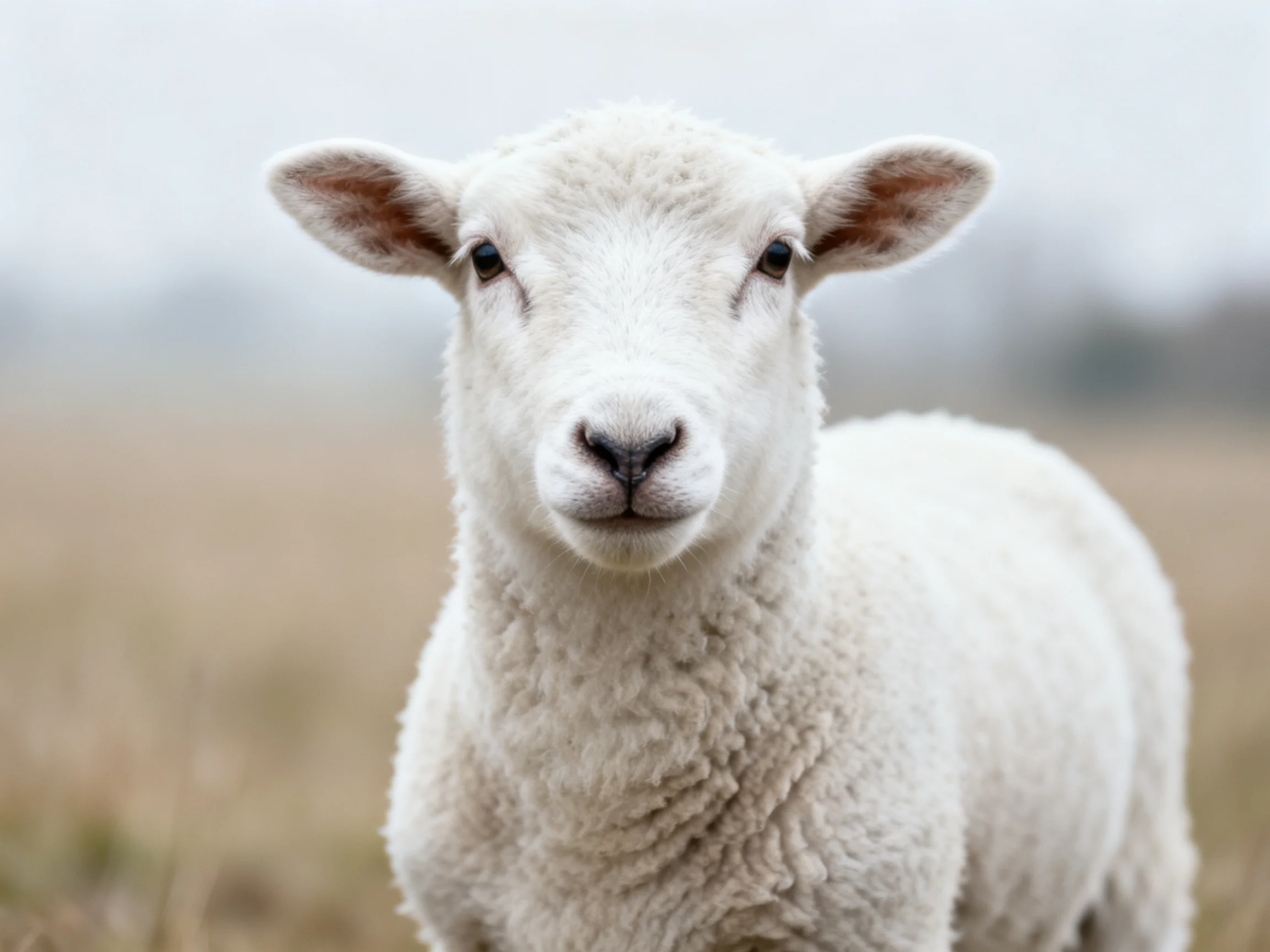 A close - up of a single fluffy white lamb in a blurred field