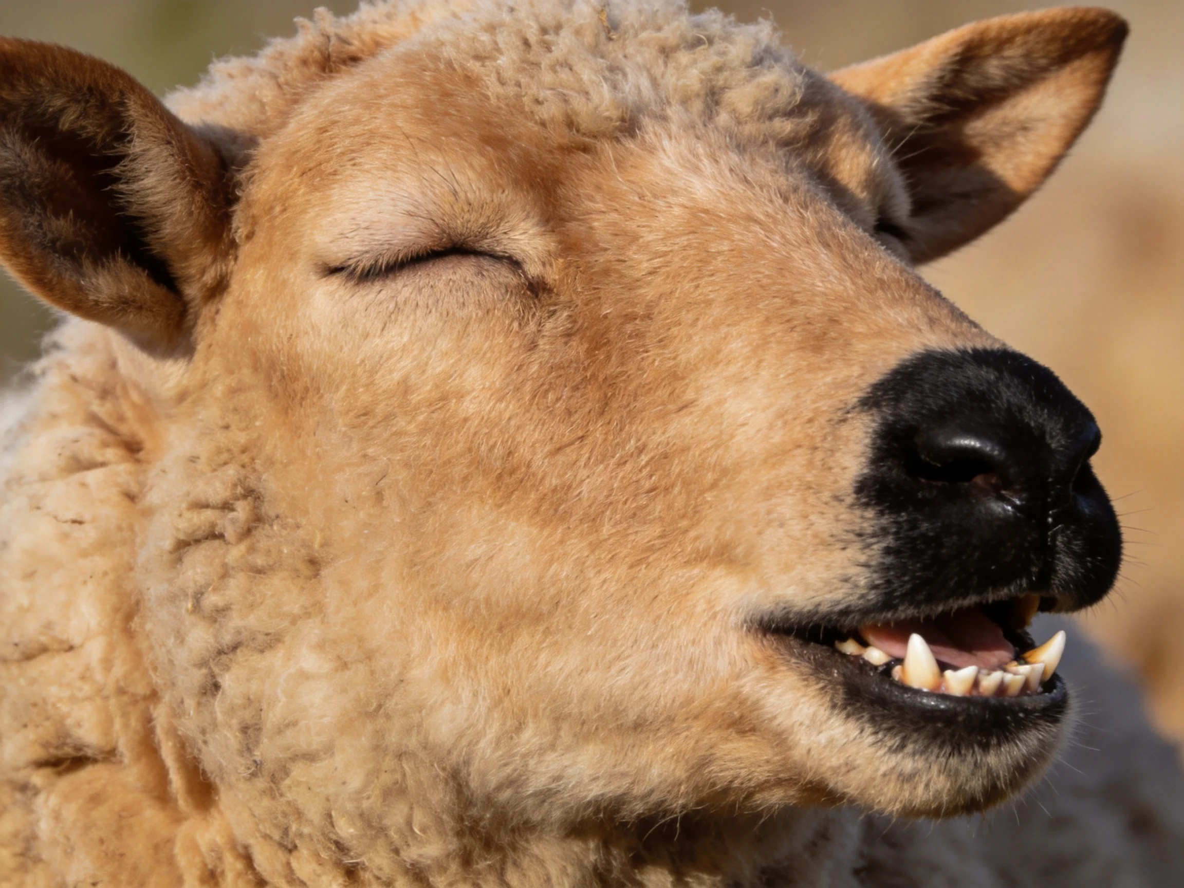 A close - up of a tan sheep with closed eyes and black nose