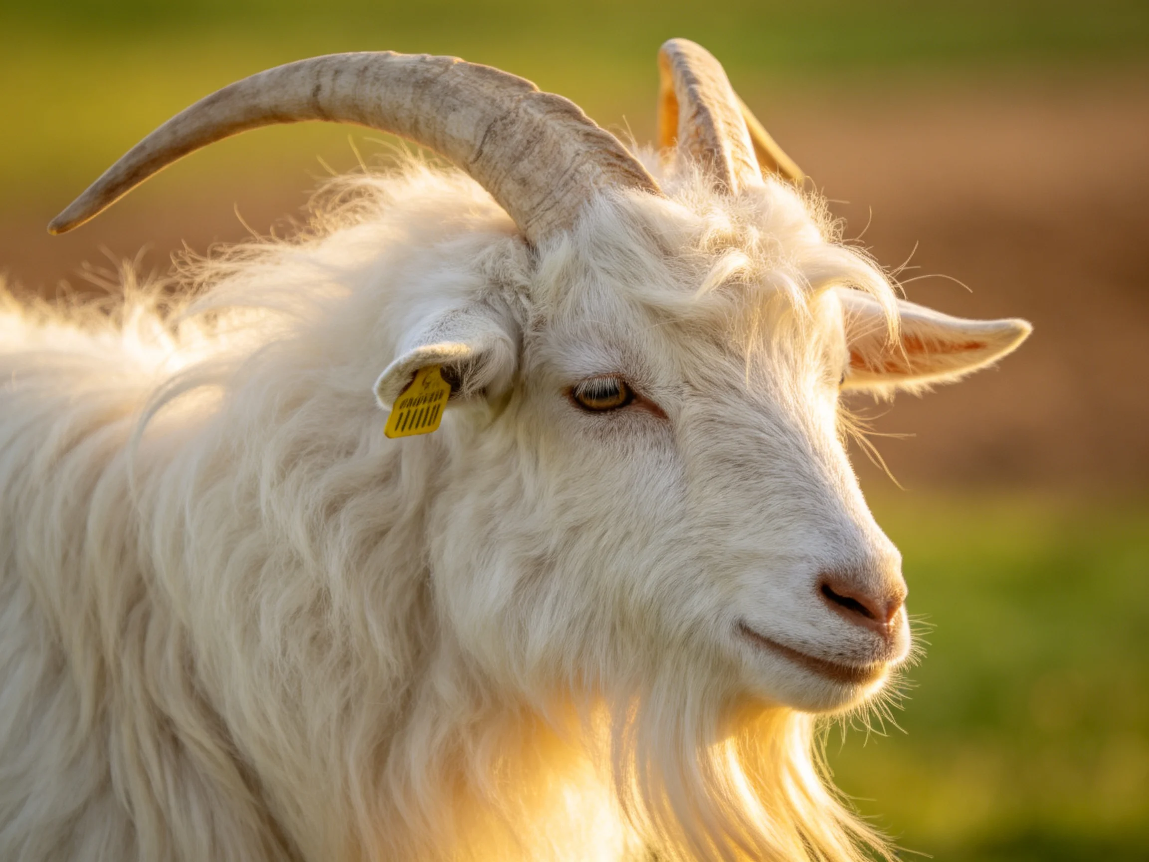 A close - up of a white goat with large curved horns and a yellow ear tag